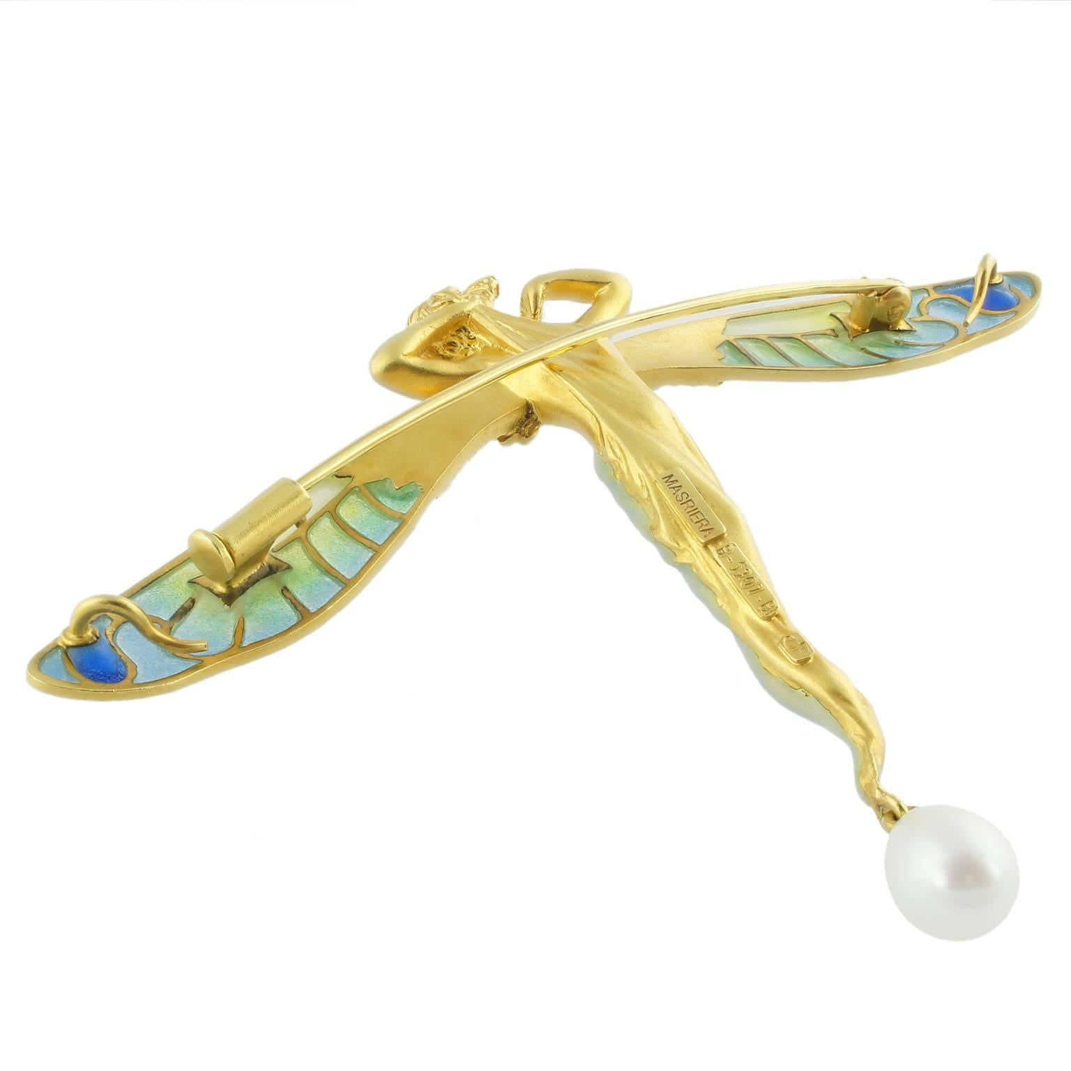 Masriera Art Nouveau brooch-pendant shaped as a nymph in gold and enamel, decorated with plique-à-jour and a pearl.