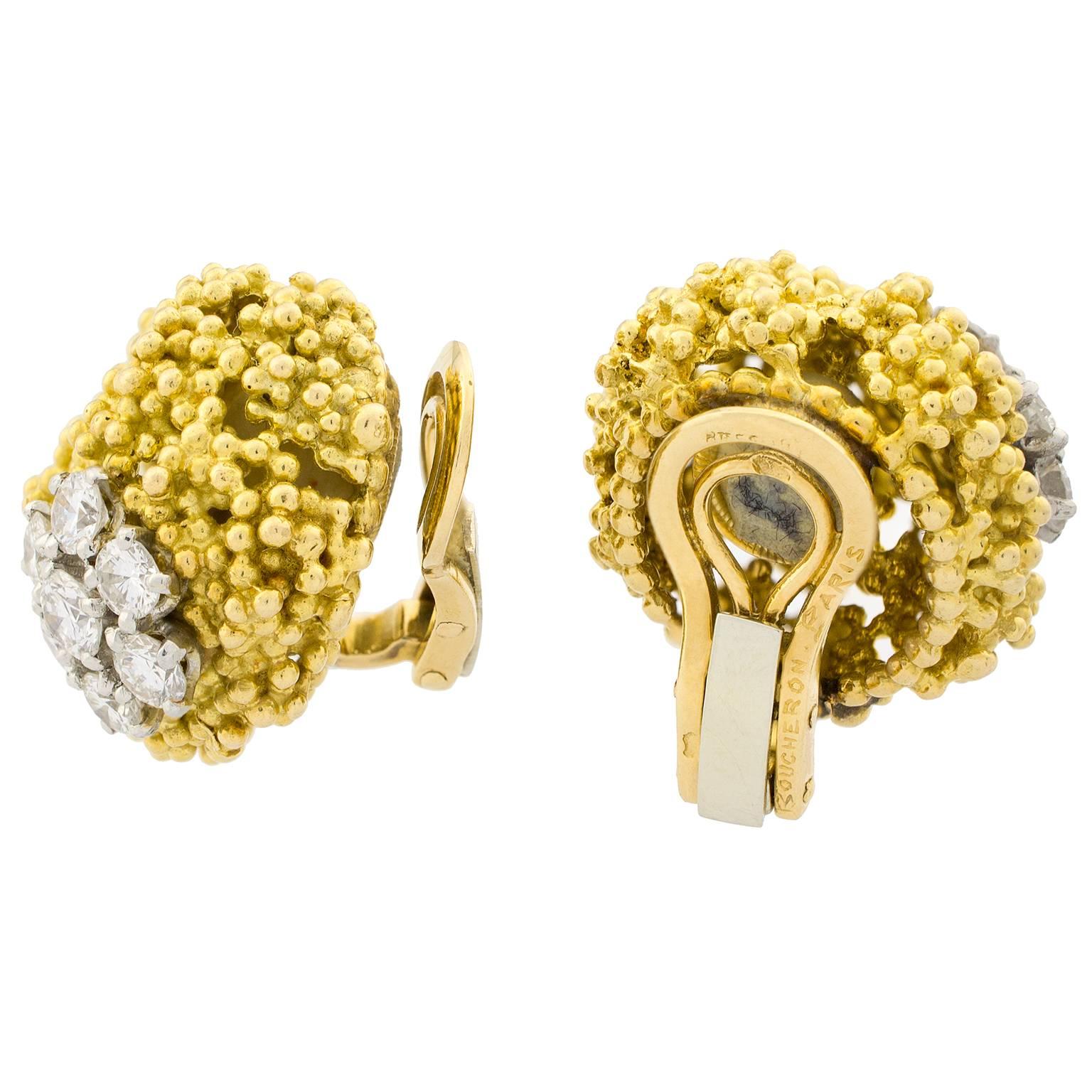 Boucheron Paris earrings, from the Caviar collection, in yellow and white gold with 14 round brilliant cut diamonds set in the shape of a rosette, total estimated weight of 2.00 carats.