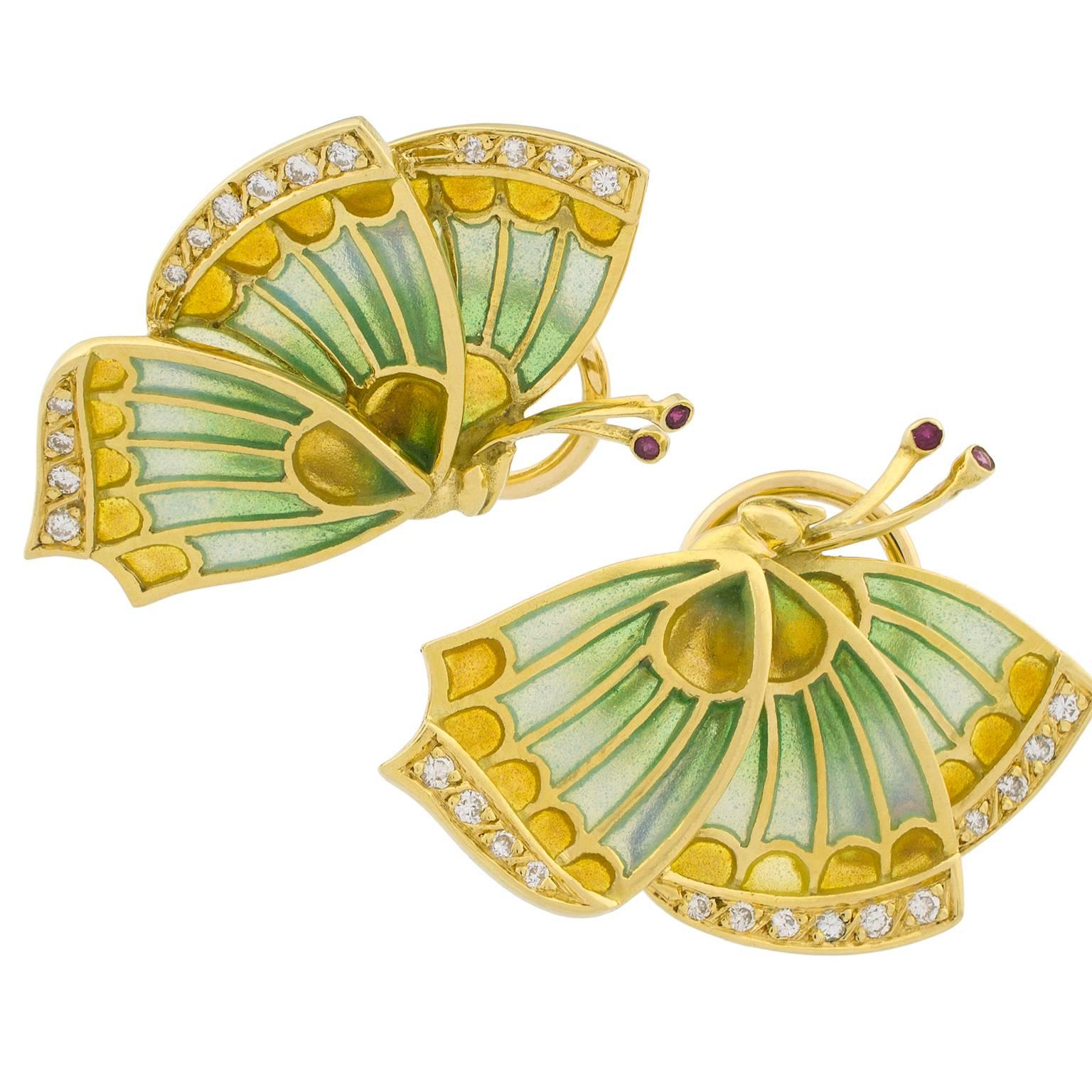 Butterflies Plique-à-Jour Diamonds Gold Earrings