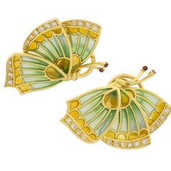 Butterflies Plique-à-Jour Diamonds Gold Earrings