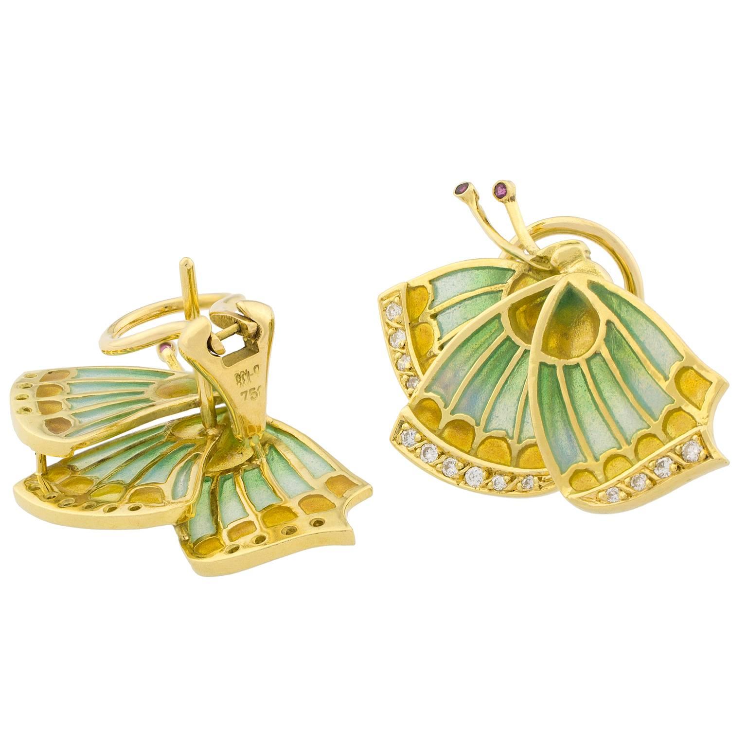 Butterflies Plique-à-Jour Diamonds Gold Earrings In Excellent Condition In Madrid, ES