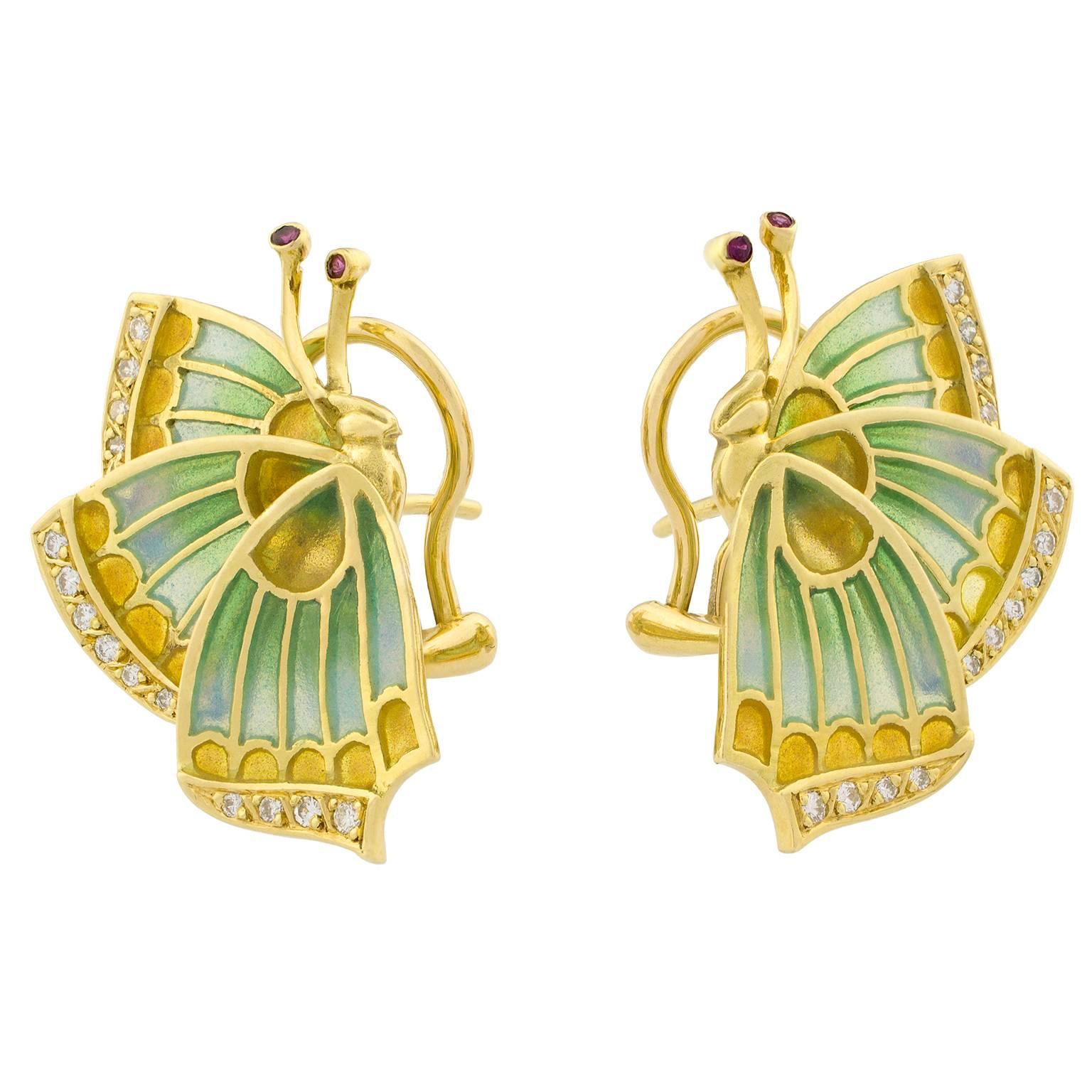 Modernist Butterflies Plique-à-Jour Diamonds Gold Earrings