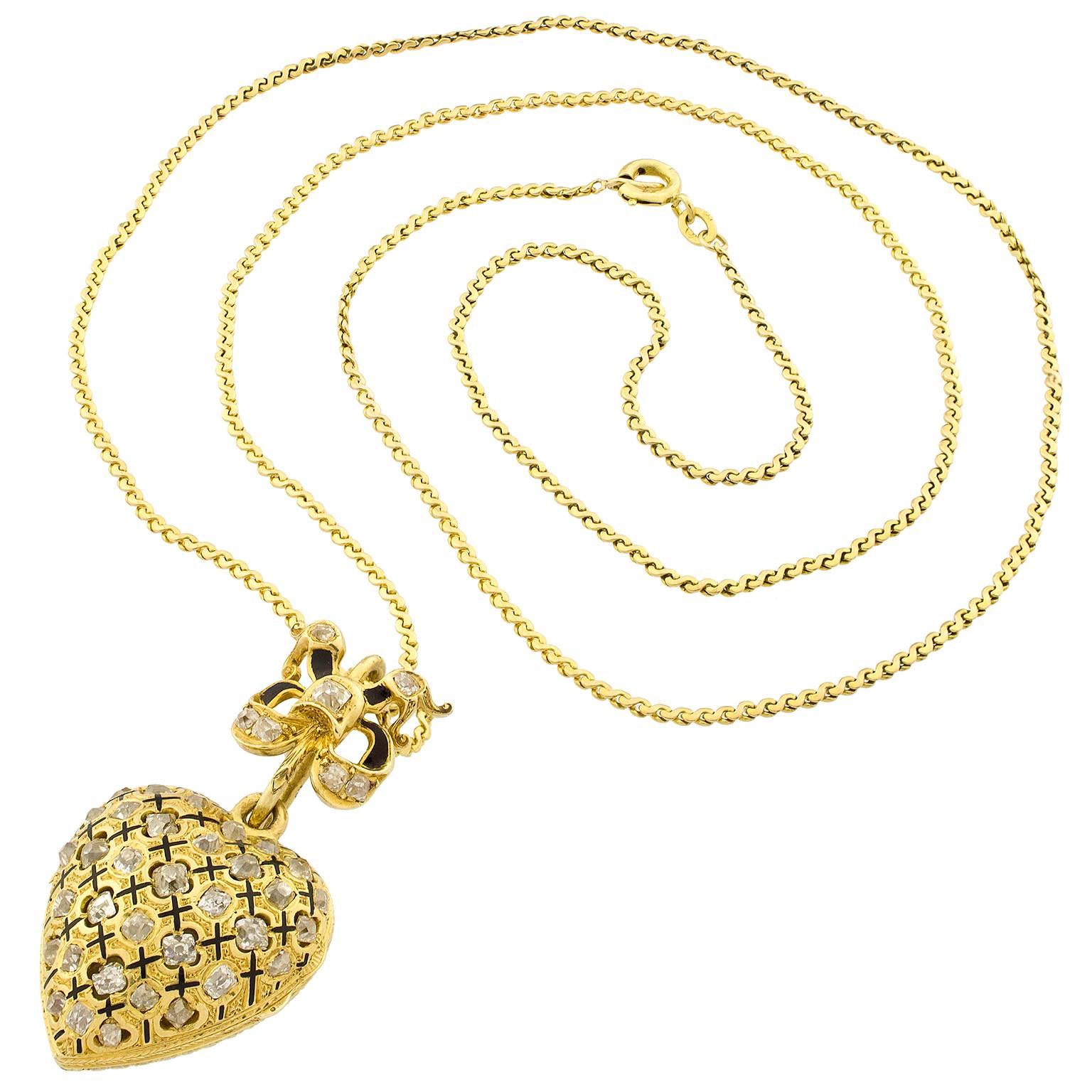 19th Century Enamel Diamonds Gold Locket and Chain