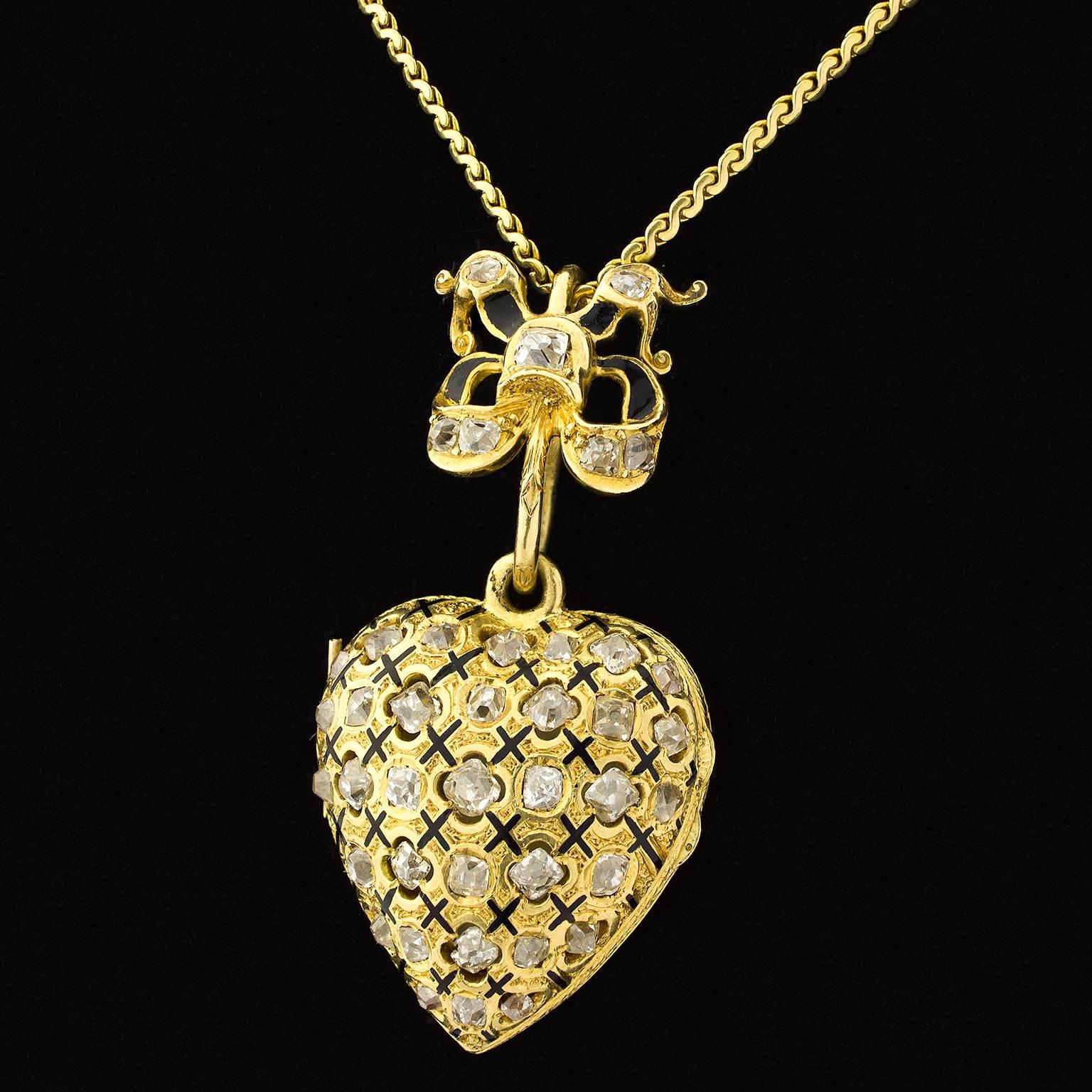 19th Century Enamel Diamonds Gold Locket and Chain 1