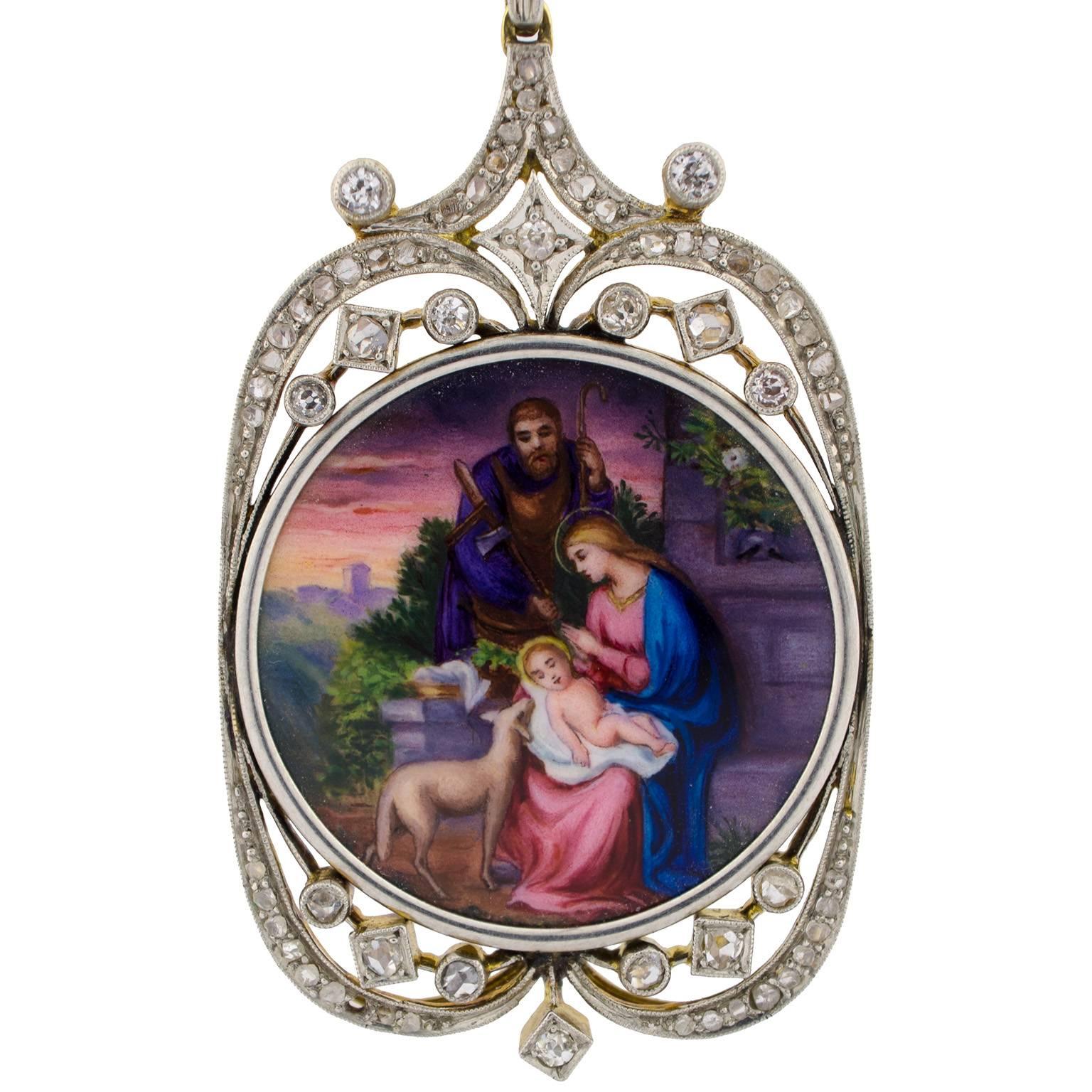 Early 20th Century Platinum 18K Gold Enamel Diamonds Pearls Nativity Necklace For Sale