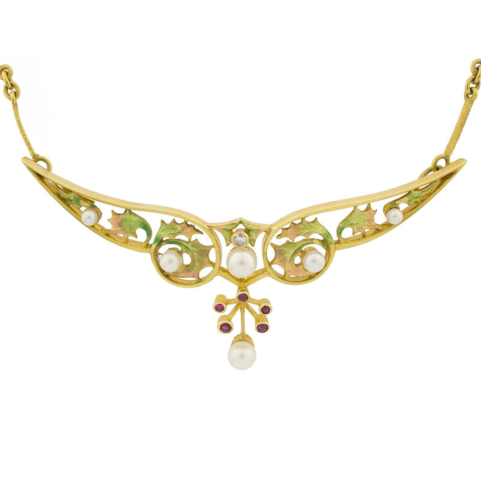 Masriera gold necklace in gold and enamel, set with rubies, pearls and a round brilliant cut diamond.