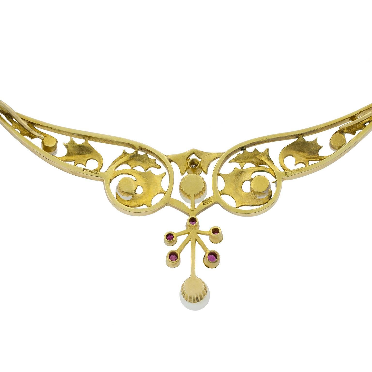 Women's Masriera Rubies Pearls Diamond Gold Necklace