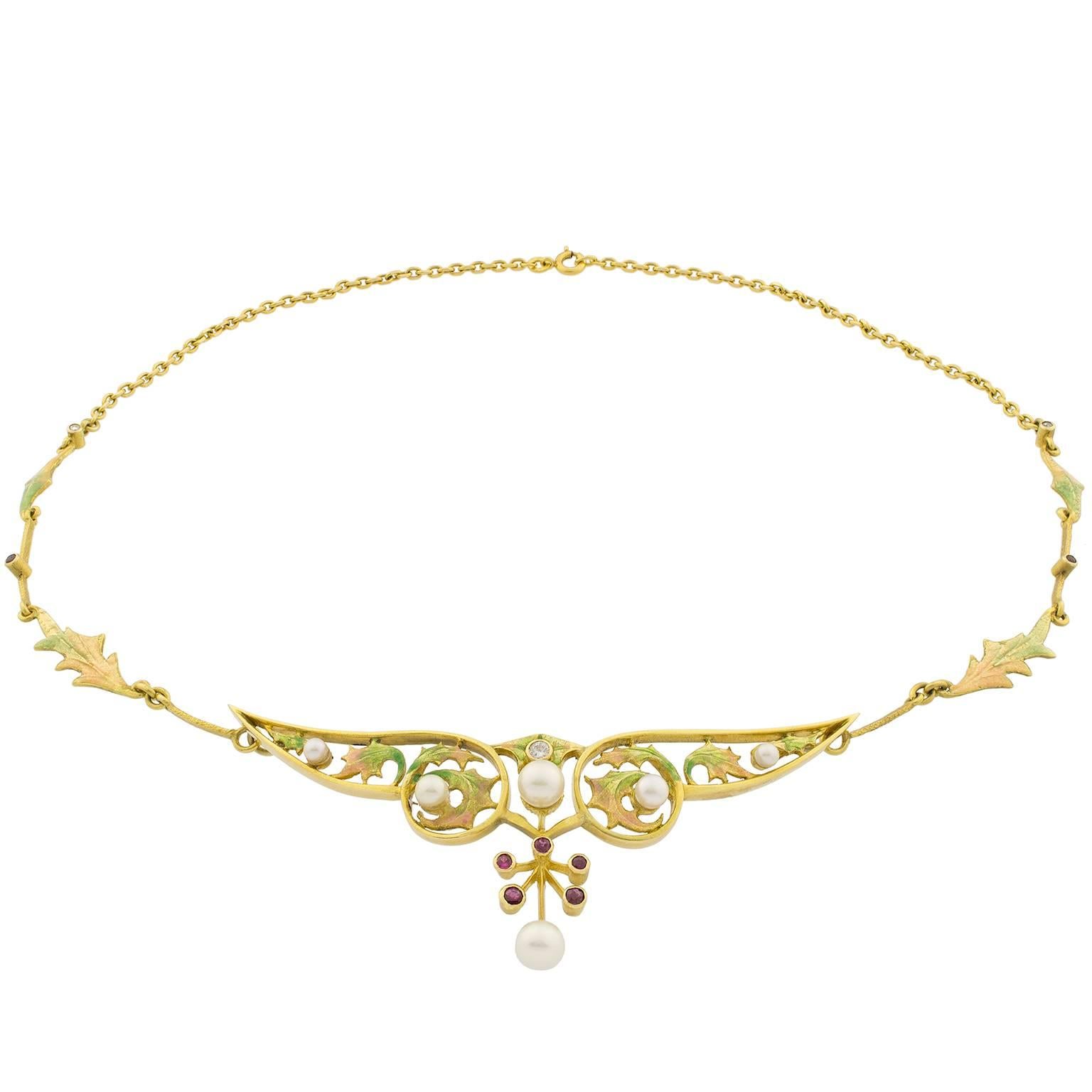 Art Nouveau Masriera Rubies Pearls Diamond Gold Necklace