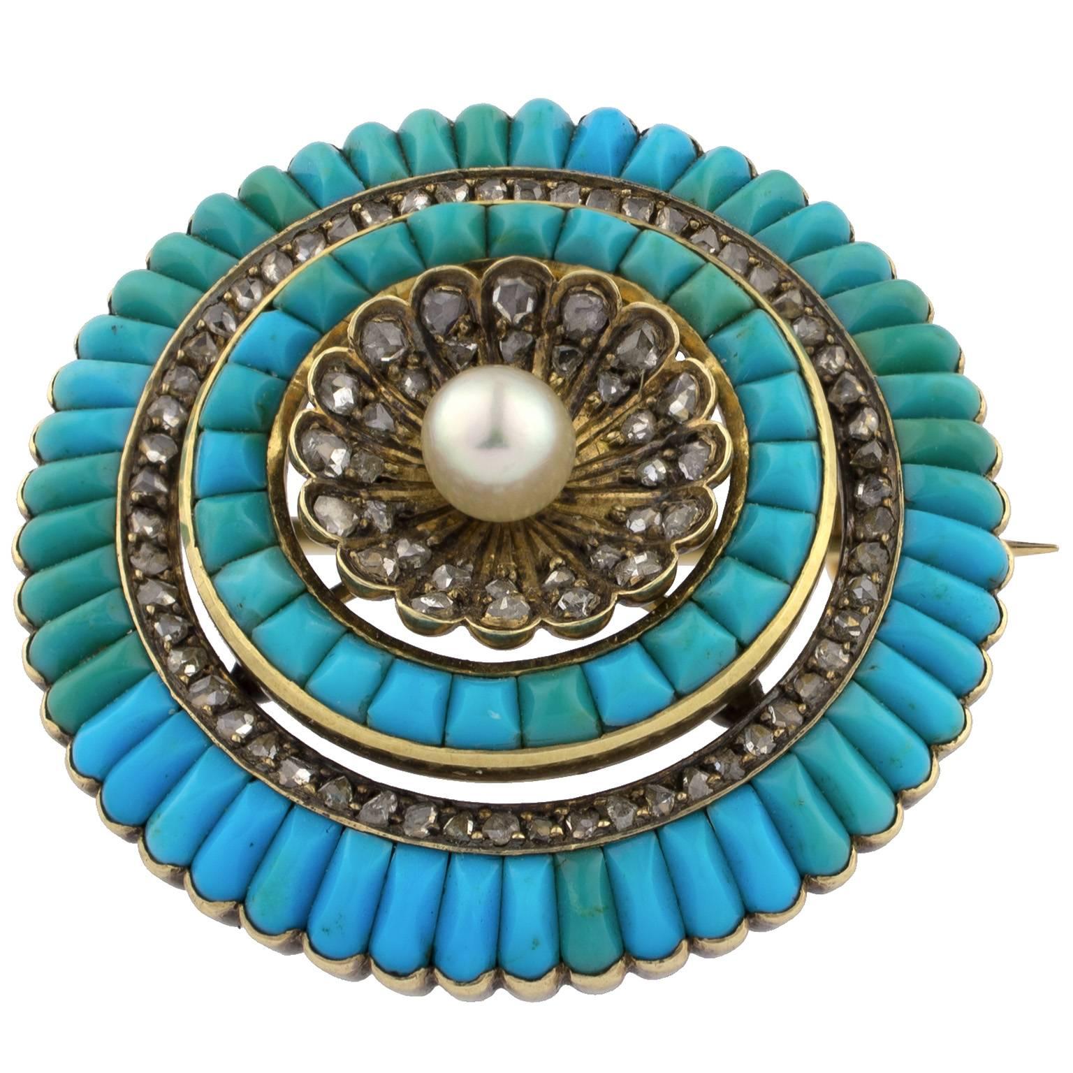 19th Century Victorian 18 Karat Gold Turquoises Pearl Diamonds Brooch In Excellent Condition For Sale In Madrid, ES