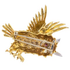 1970s 18K Gold Diamonds Enamel Rubies Brooch
