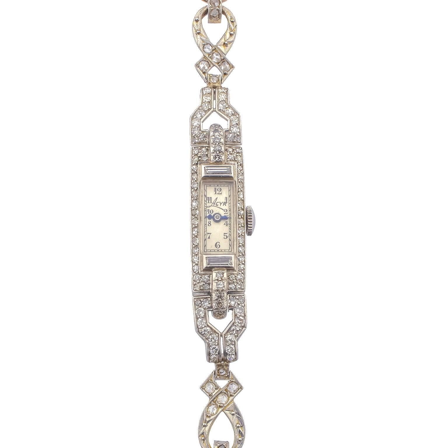 Acyr Wristwatch from the early 20th century, in platinum and gold with a wristband made in platinum-topped gold, set with 110 rose, baguette and round brilliant cut diamonds, totalling 1.60 carats.