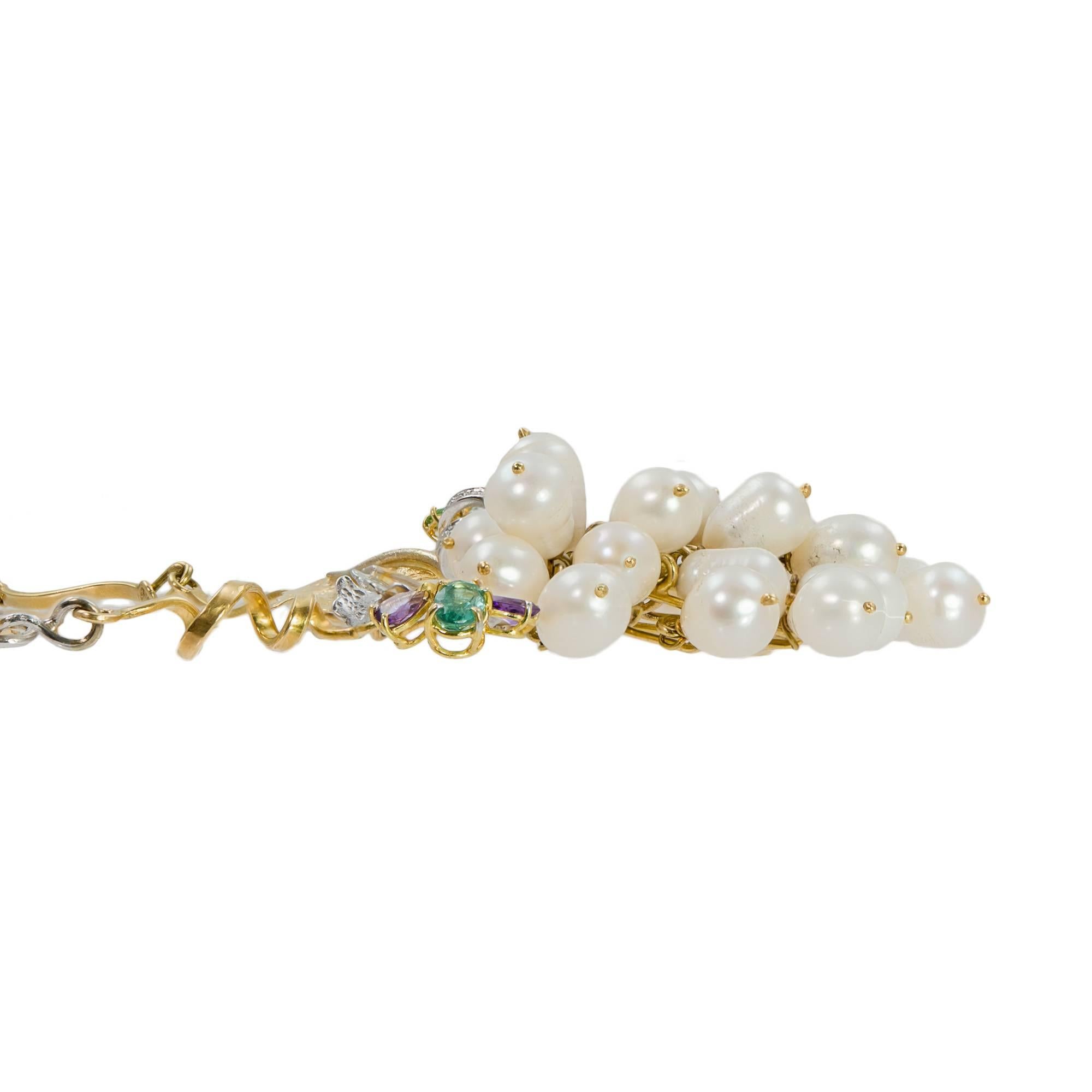 Art Nouveau Freshwater Pearls White Yellow Gold Aquamarine Amethyst Tsavorites Necklace