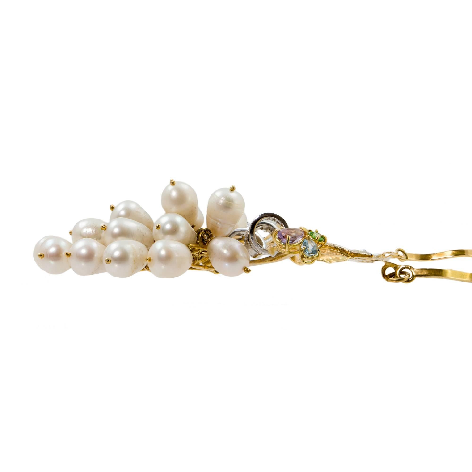 Freshwater Pearls White Yellow Gold Aquamarine Amethyst Tsavorites Necklace In New Condition In Rome, IT