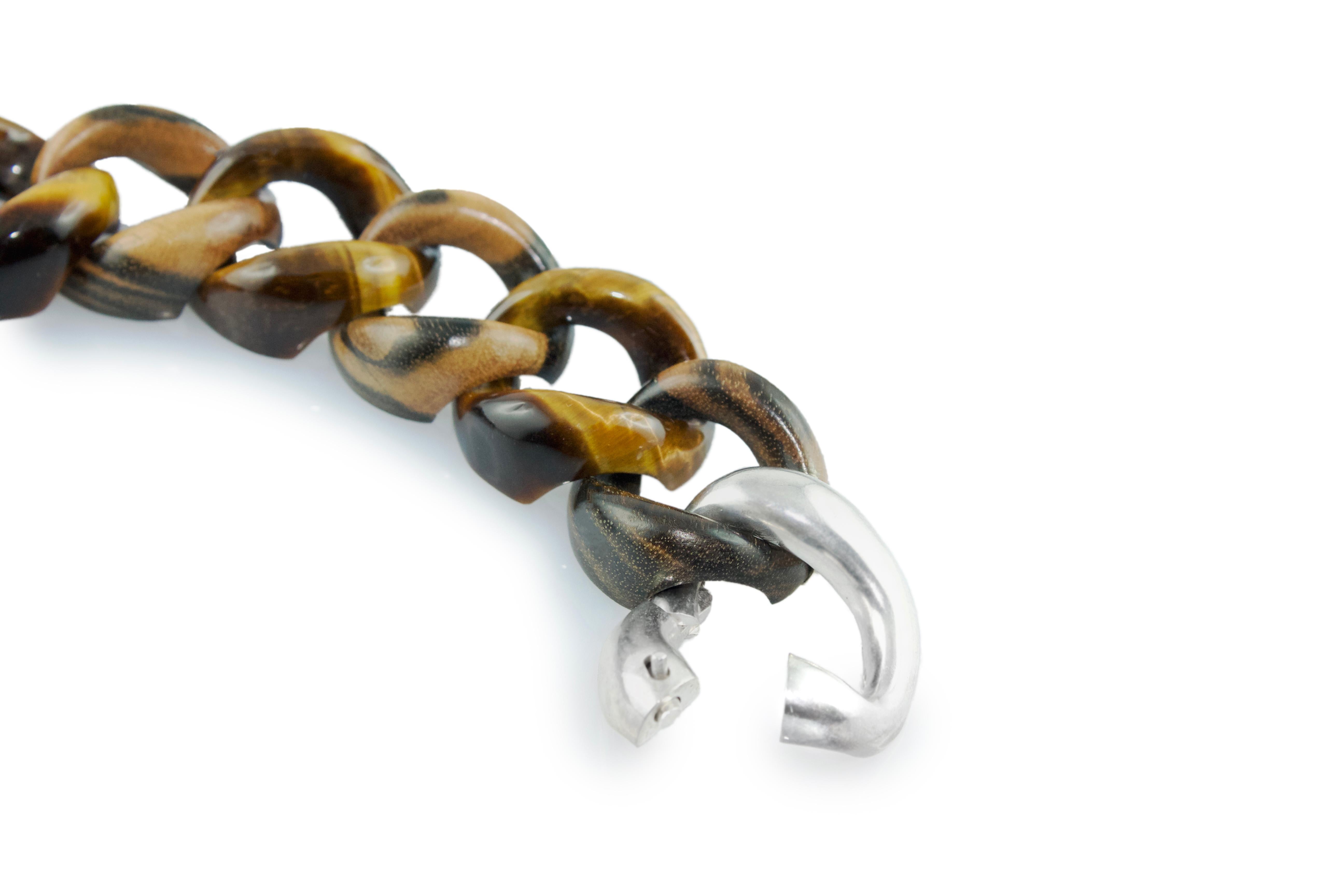 Tiger's Eye Silver 925 Wood Links Bracelet In New Condition In Milano, IT