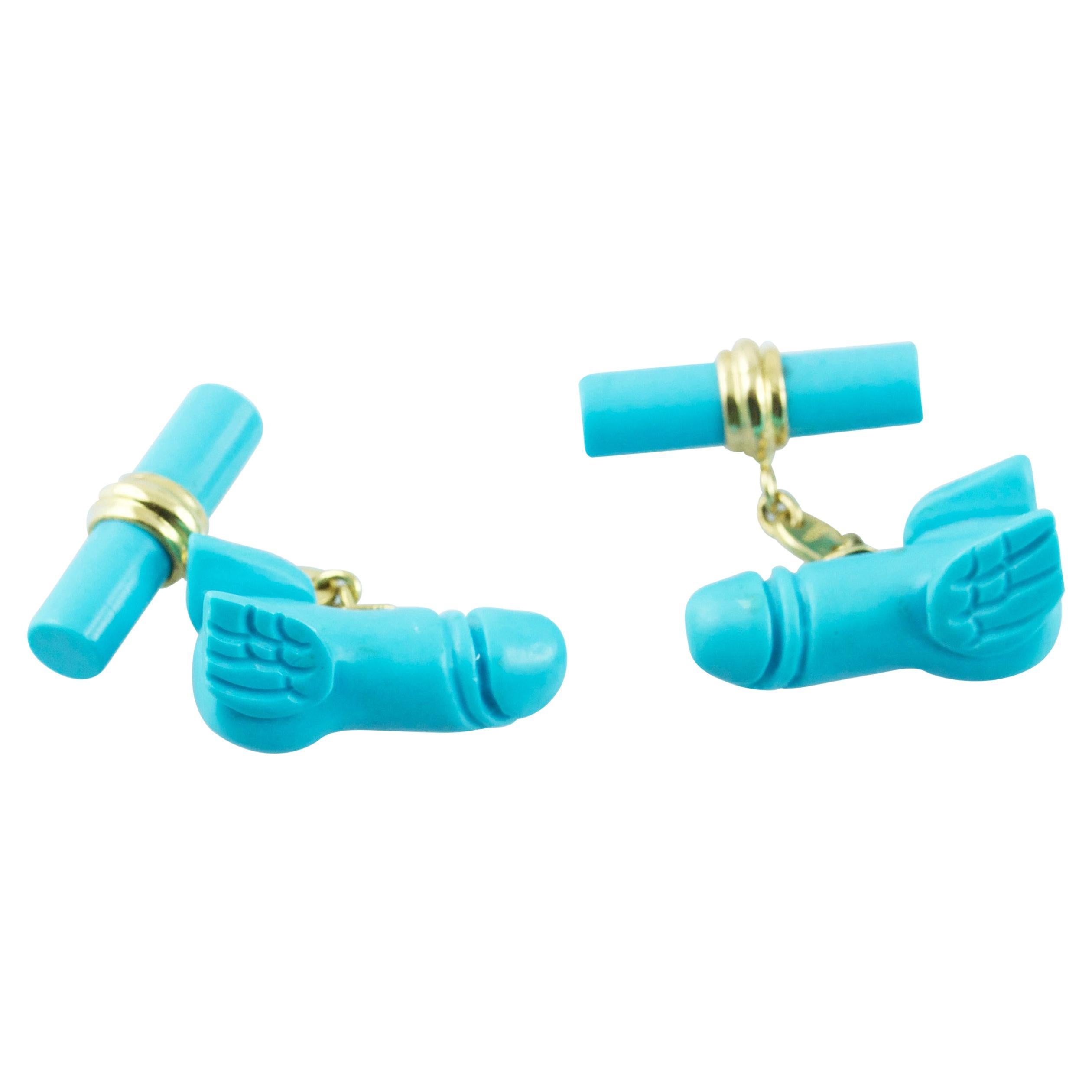 18 Karat Yellow Gold Flying Penis in Turquoise Matrix Cufflinks For Sale
