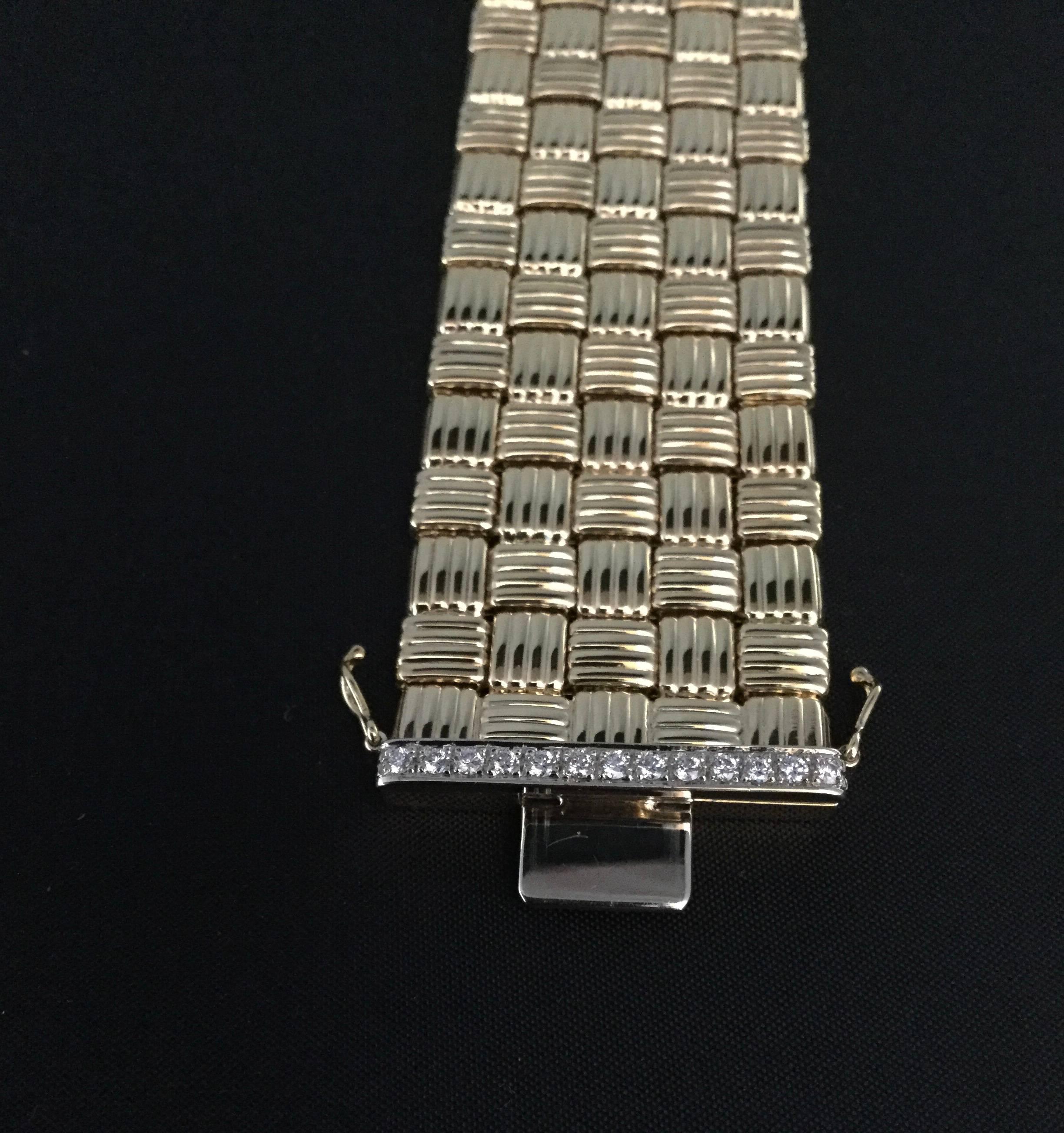 Yellow Gold Wide Basketweave Bracelet with Diamond White Gold Clasp In New Condition For Sale In Spartanburg, SC