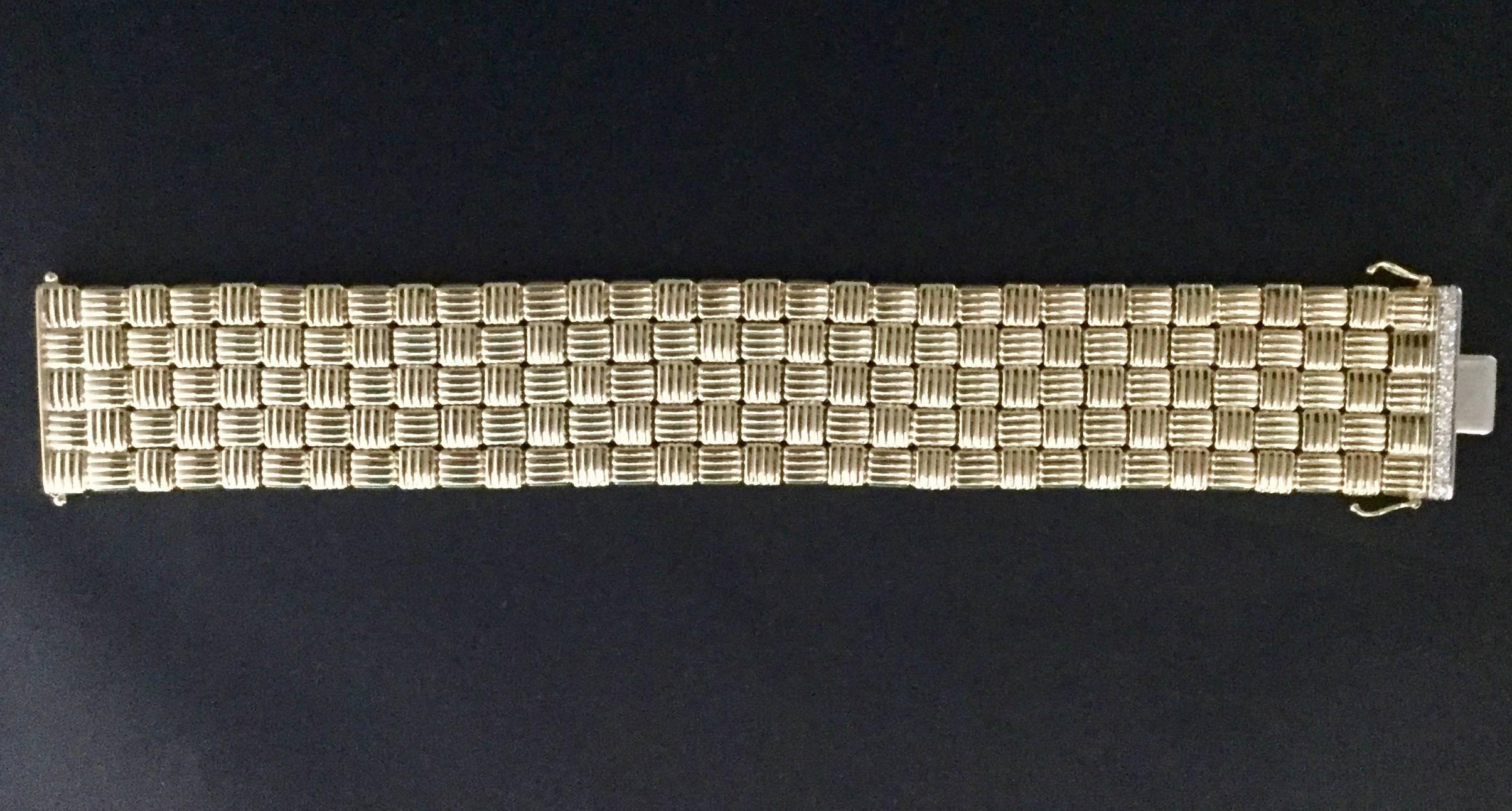 Women's Yellow Gold Wide Basketweave Bracelet with Diamond White Gold Clasp For Sale