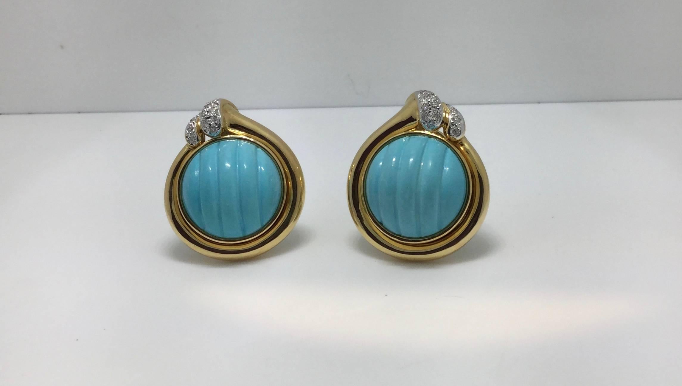 18K yellow gold turquoise and diamond earrings  The combined diamond weight is 0.36 carat. Perfect for summer.