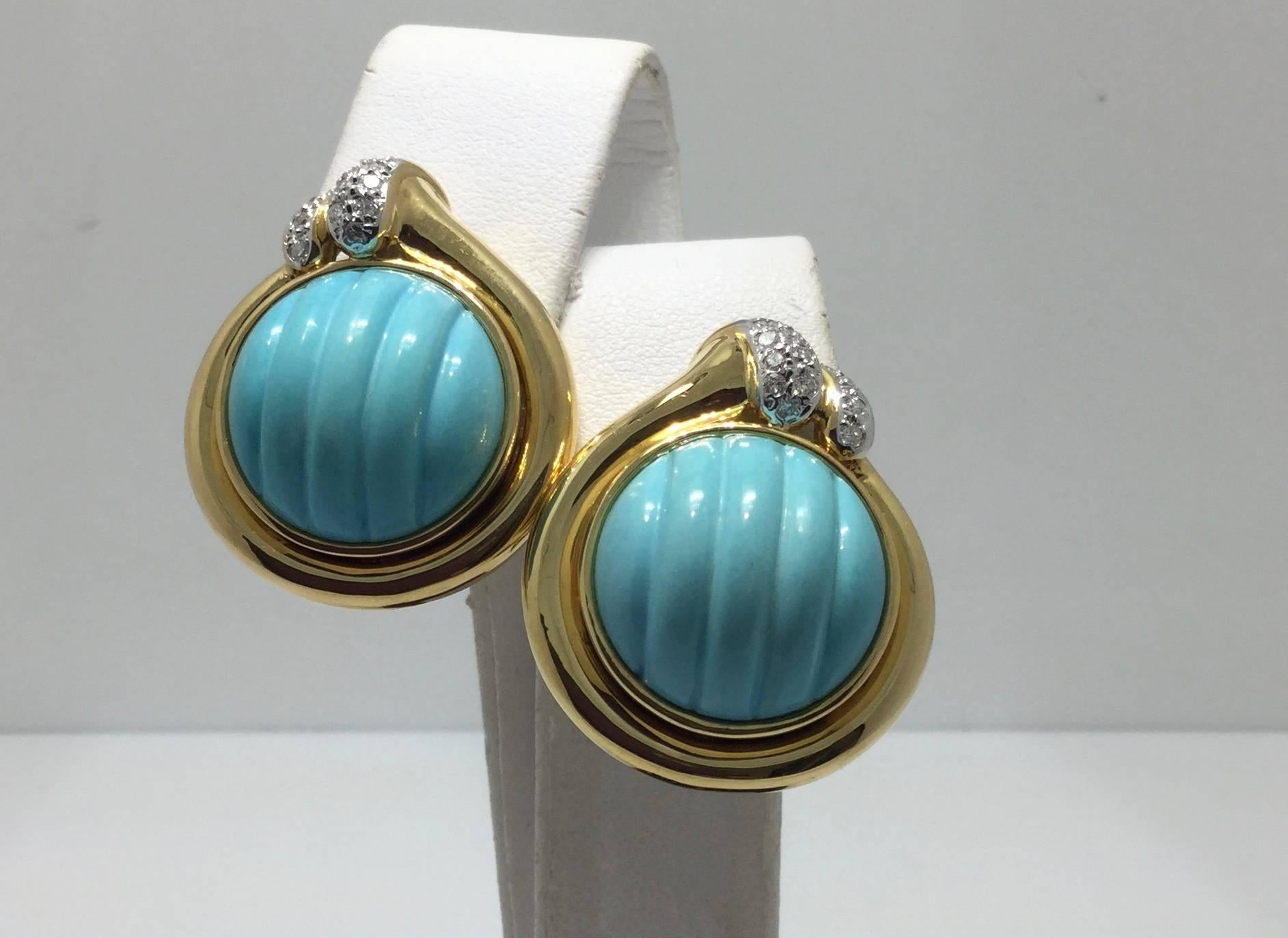 Turquoise Diamond Yellow Gold Earrings In New Condition For Sale In Spartanburg, SC