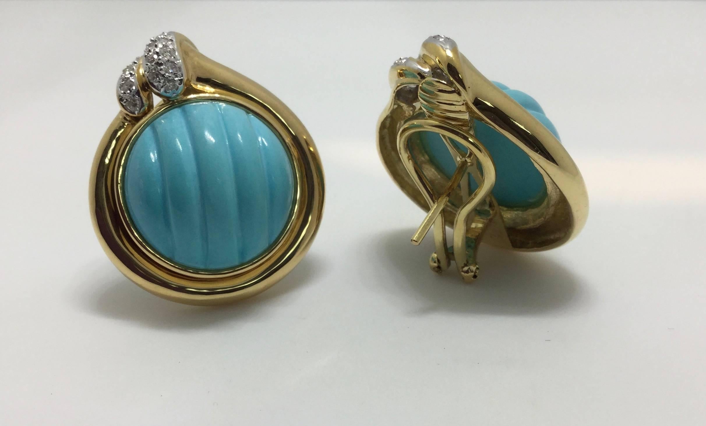 Women's Turquoise Diamond Yellow Gold Earrings For Sale