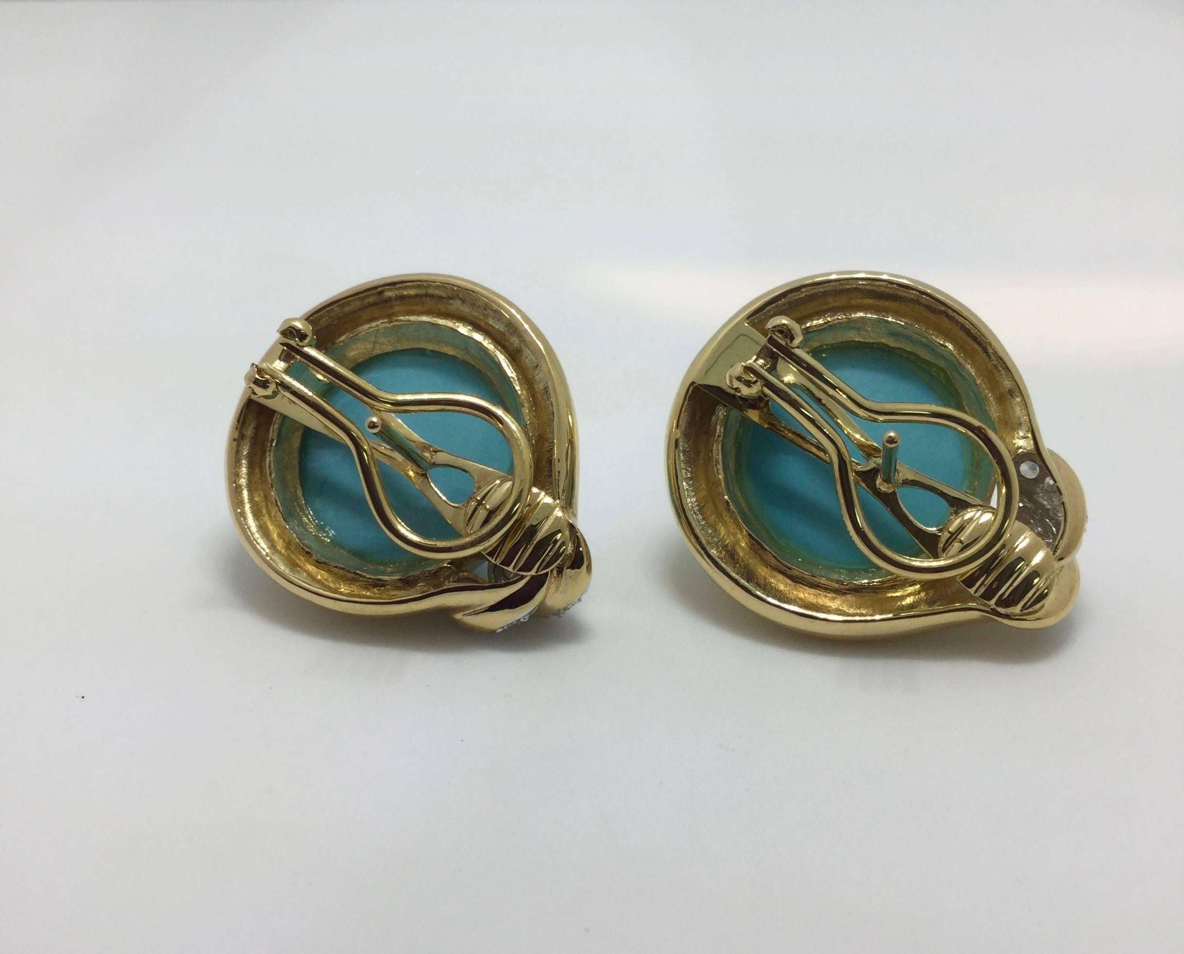 Turquoise Diamond Yellow Gold Earrings For Sale 1