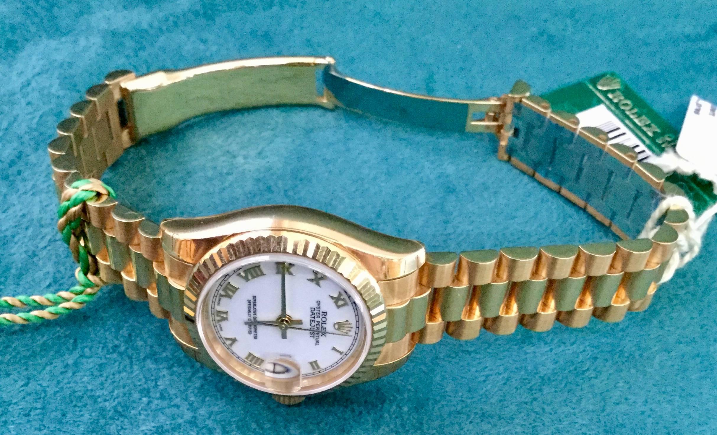 Rolex Lady President with White Roman Dial In New Condition For Sale In Spartanburg, SC