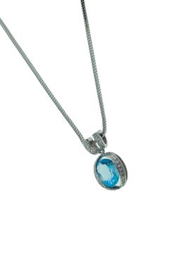 Faceted Blue Topaz and Diamond Pendant Necklace