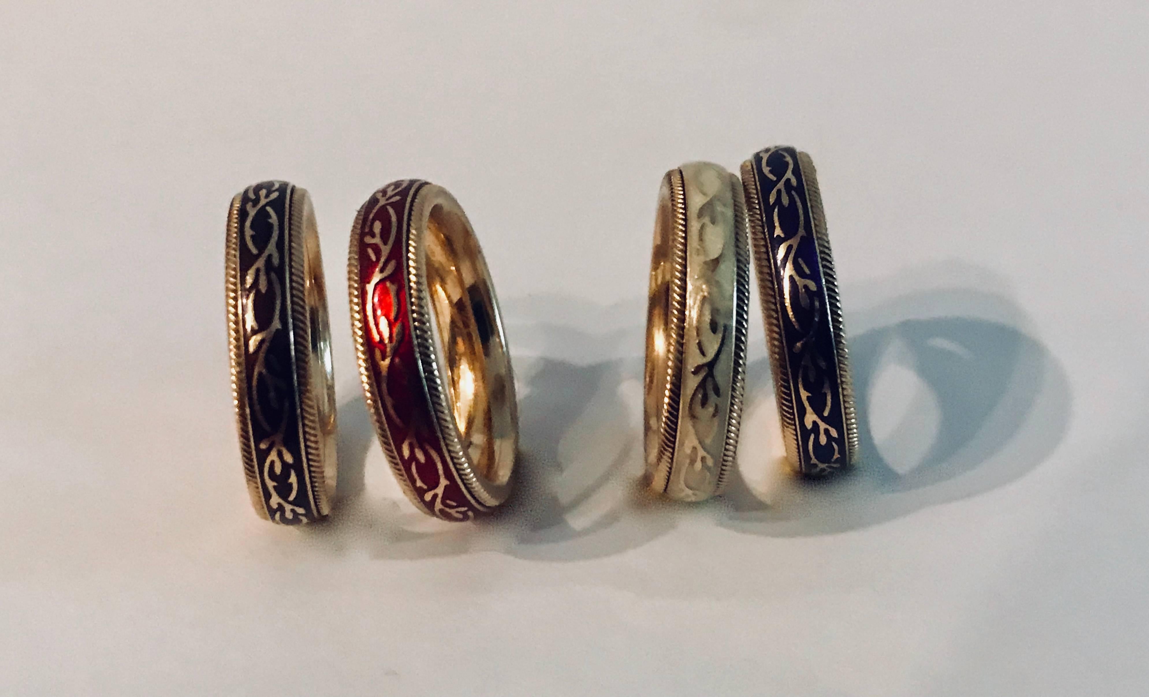 Wellendorff 18K yellow gold set of enamel stackable rings. The rings can be bought as a set or individually.
Each ring $ 1,980.00
Size 6 1/2
Can not be sized

