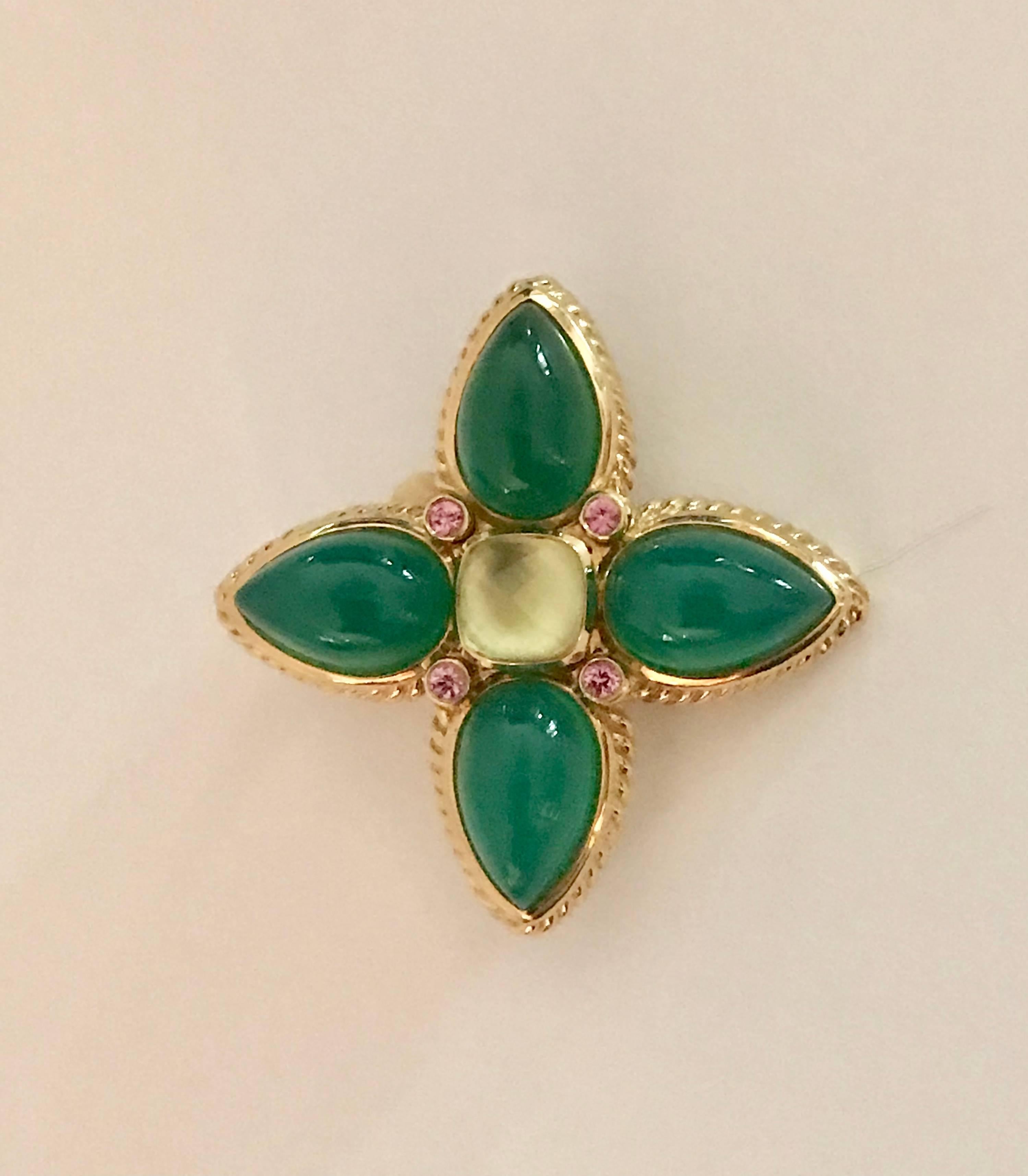 18K yellow gold DY enhancer with green onyx, peridot and pink sapphire.