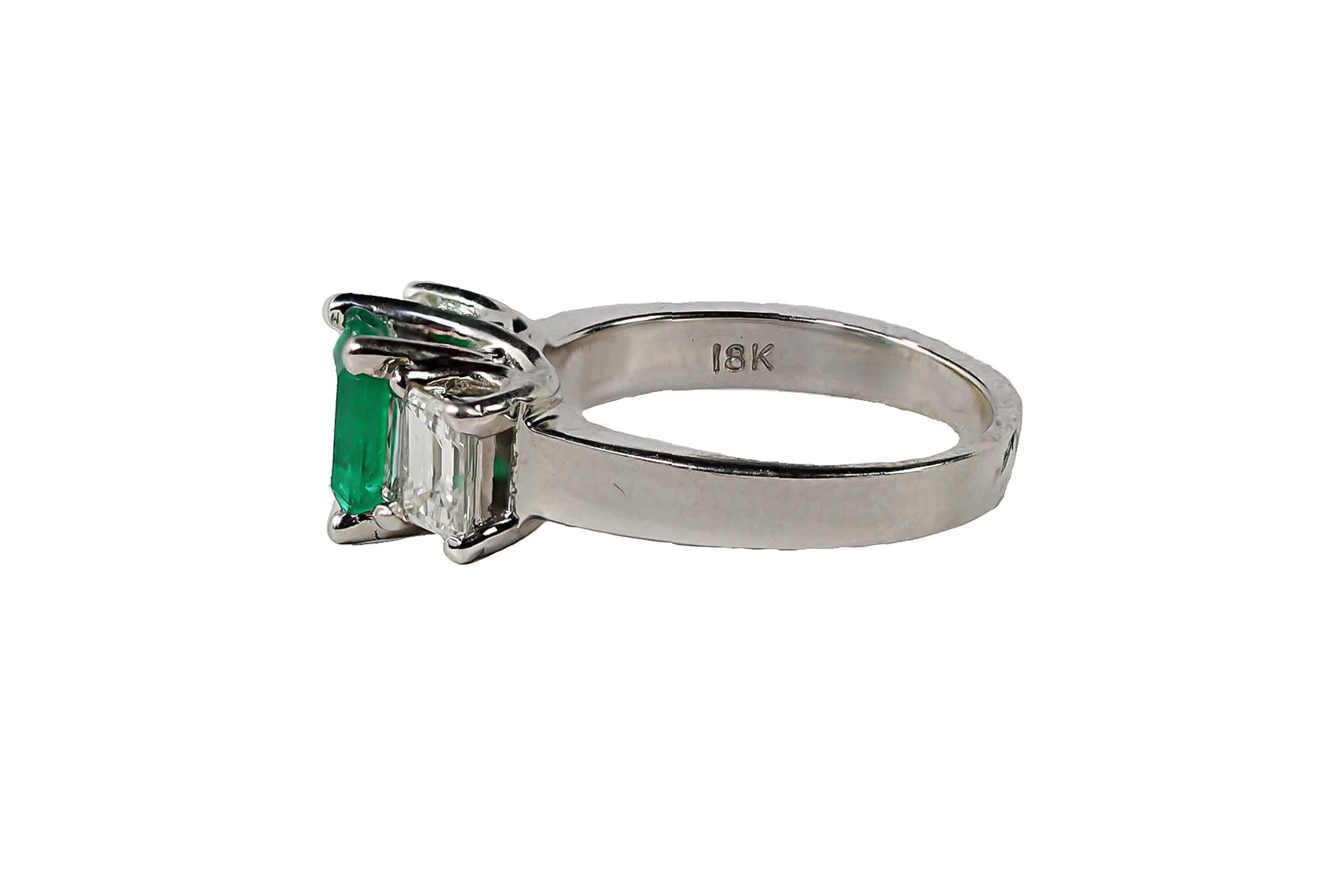Emerald Cut Emerald and Diamond White Gold Ring For Sale