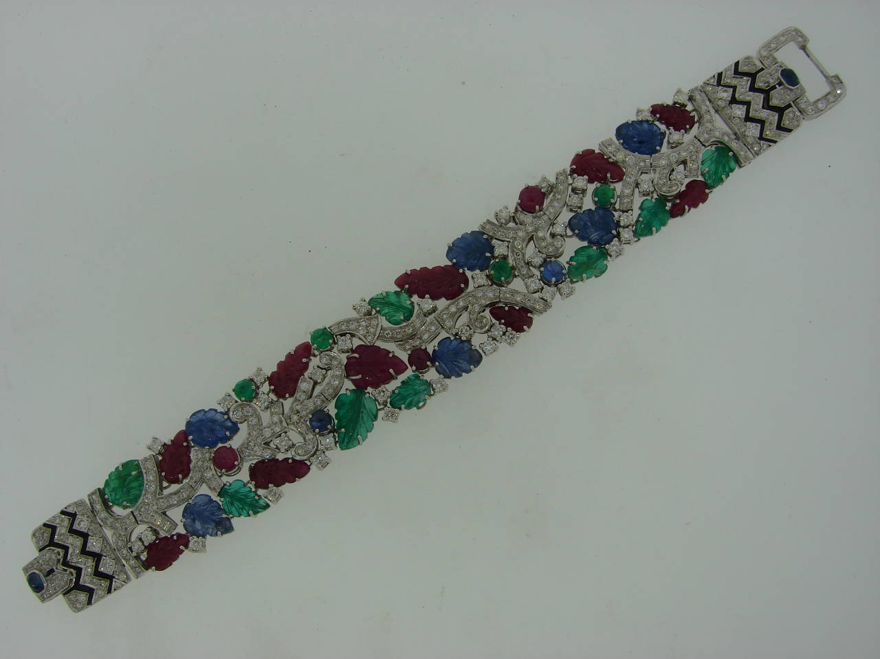 Carved Ruby Sapphire Emerald Diamond White Gold Tutti-Frutti Bracelet In Excellent Condition In Beverly Hills, CA