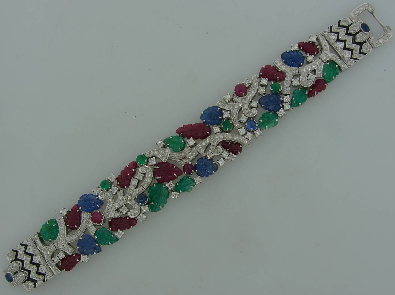 Women's Carved Ruby Sapphire Emerald Diamond White Gold Tutti-Frutti Bracelet