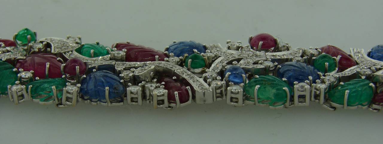 Carved Ruby Sapphire Emerald Diamond White Gold Tutti-Frutti Bracelet 2