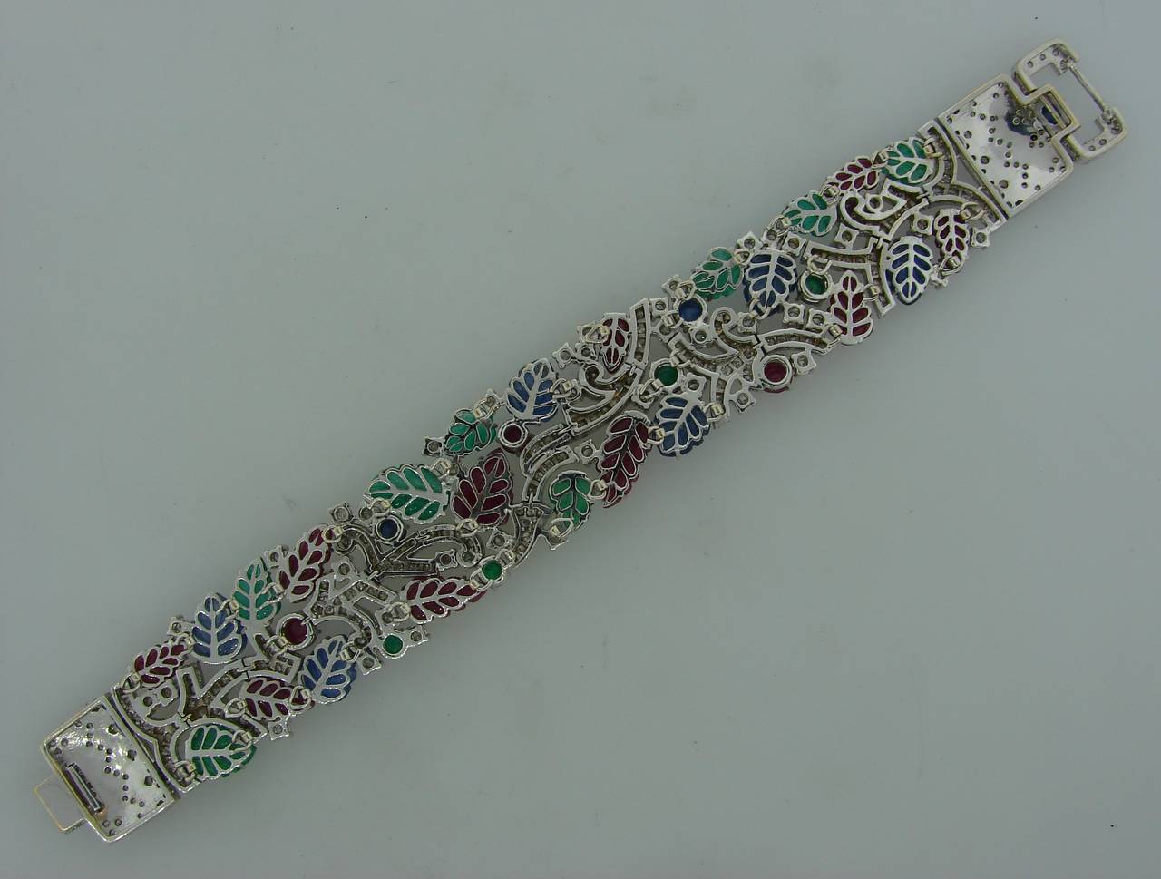 Carved Ruby Sapphire Emerald Diamond White Gold Tutti-Frutti Bracelet 3