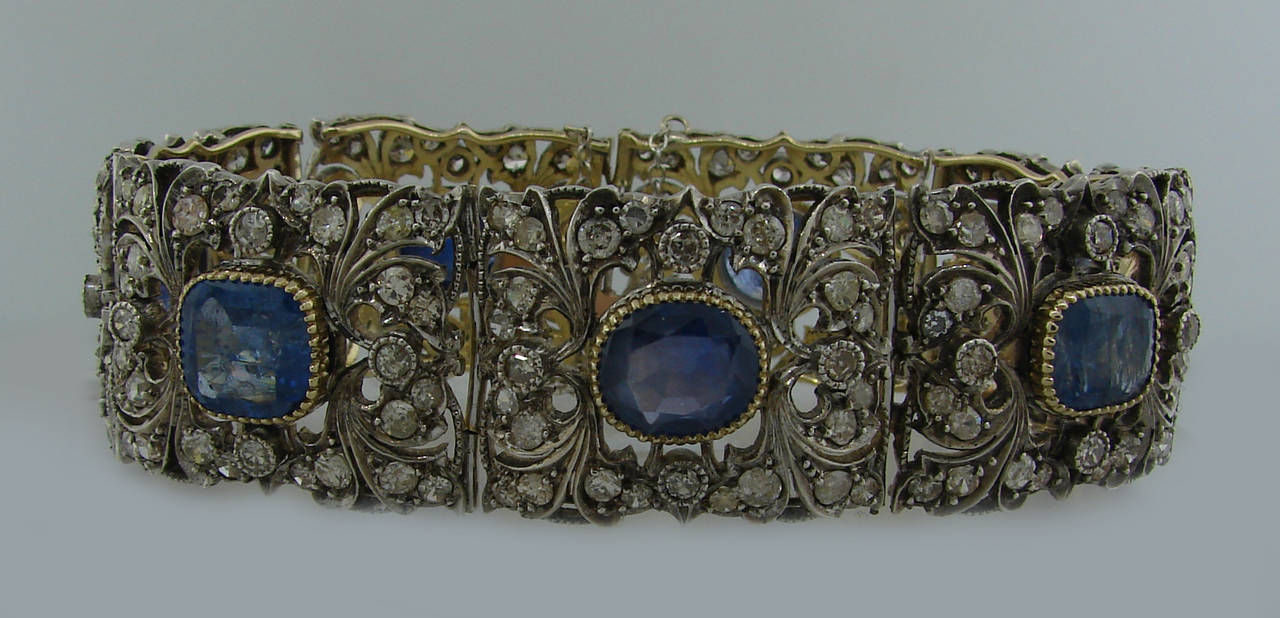 Victorian Sapphire Diamond Silver Gold Bracelet In Excellent Condition For Sale In Beverly Hills, CA