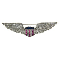 Cartier Patriotic Ruby Sapphire Diamond Aviator Wings Badge Pin Brooch