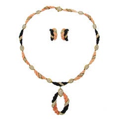 Boucheron Paris Coral Onyx Diamond Gold Necklace Earrings Set 1970s 10