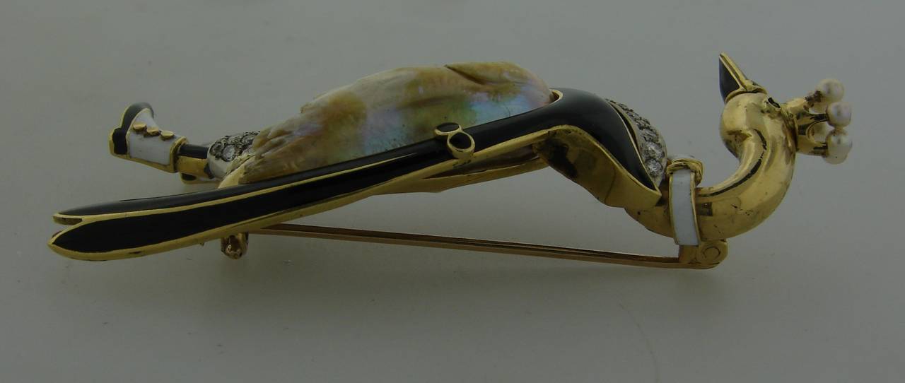 J.E. Caldwell Enamel Natural Pearl Diamond Gold Swan Brooch Pin For Sale 1