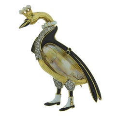 J.E. Caldwell Enamel Natural Pearl Diamond Gold Swan Brooch Pin