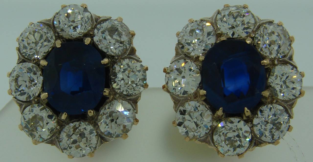 Gorgeous Victorian cluster earrings featuring finest quality sapphires and diamonds. Classic and timeless earrings - will definitely become a family heirloom! 

The sapphires are oval faceted and have beautiful blue color. They weigh approximately