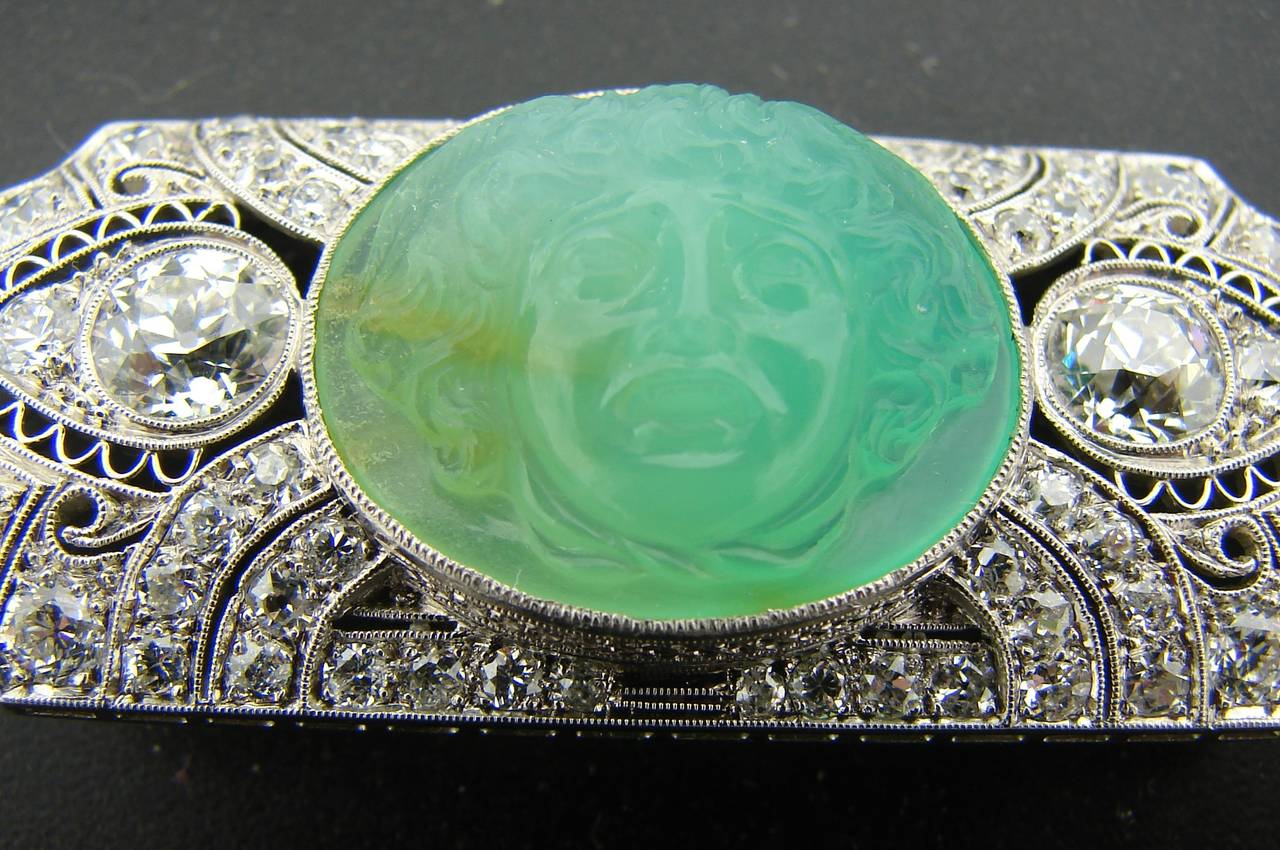 Art Deco Carved Jade Diamond Gold Platinum Pin Brooch 1