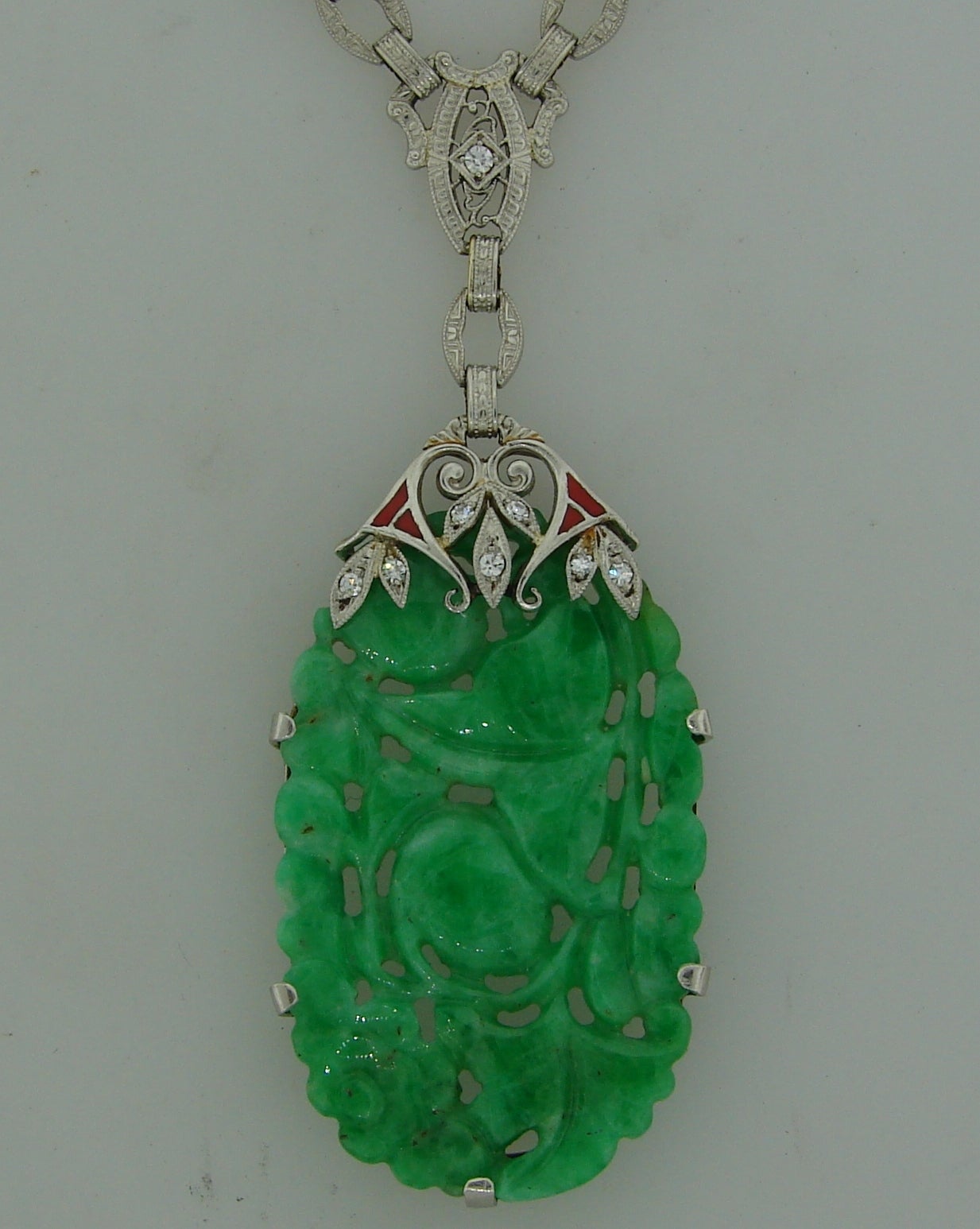 Art Deco Carved Jade Enamel Diamond Platinum Necklace Pendant at ...