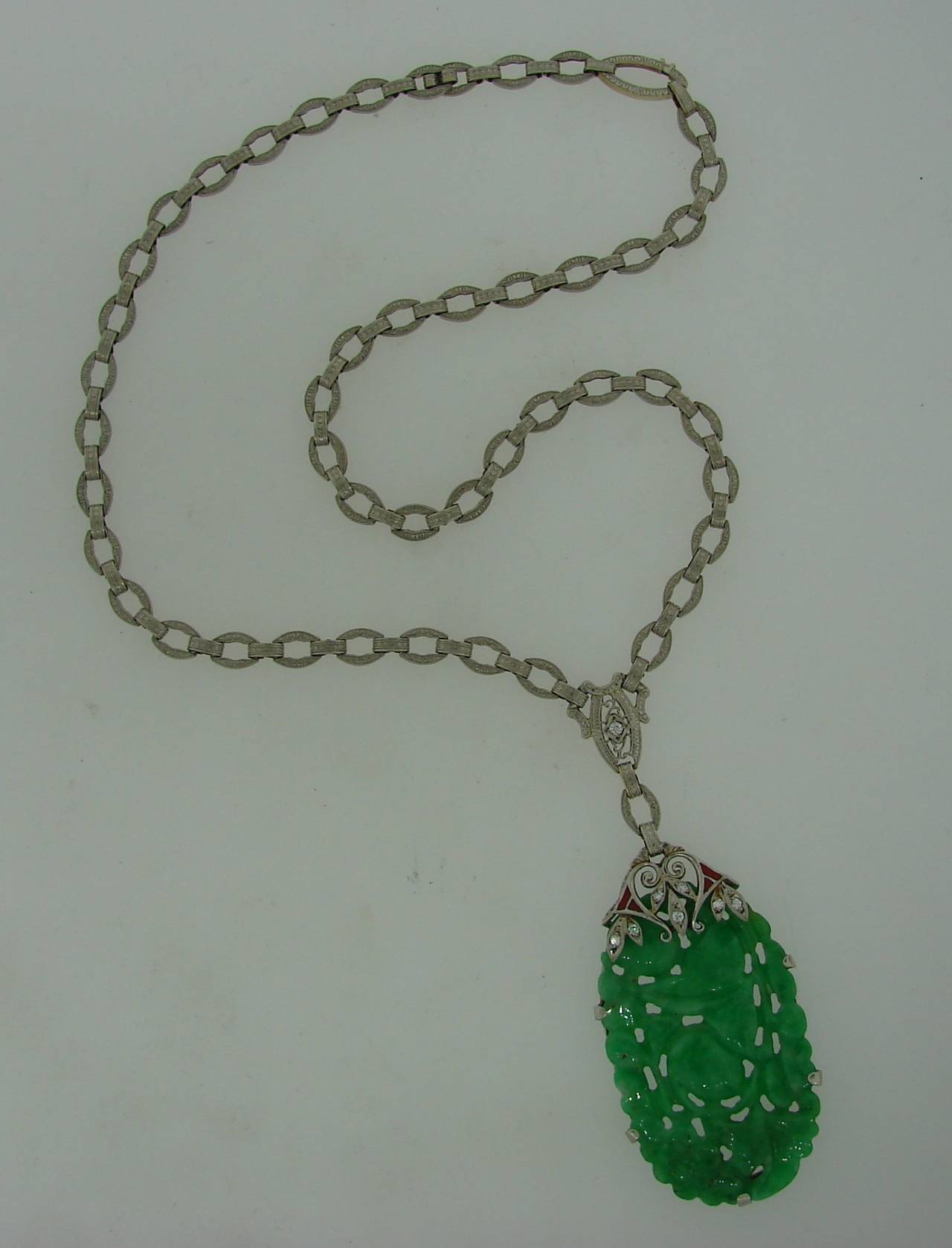 Art Deco Carved Jade Enamel Diamond Platinum Necklace Pendant In Excellent Condition In Beverly Hills, CA