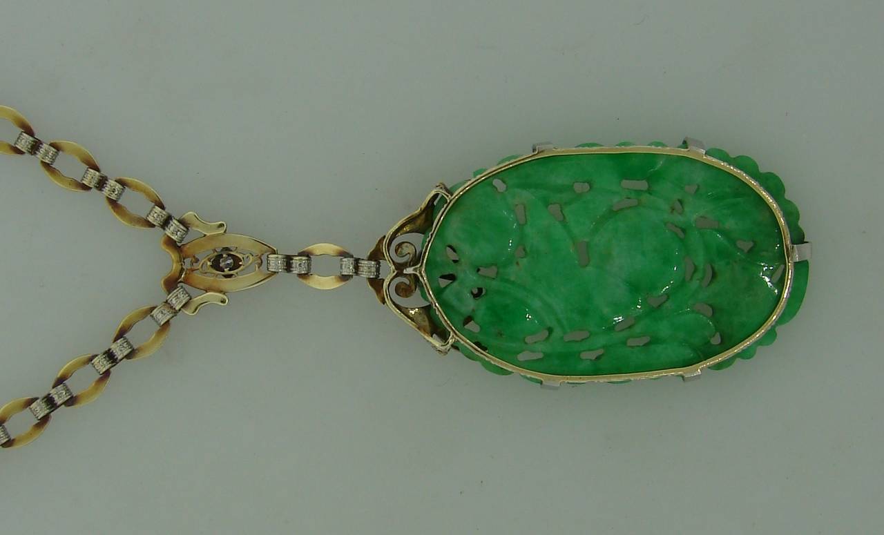 Women's Art Deco Carved Jade Enamel Diamond Platinum Necklace Pendant