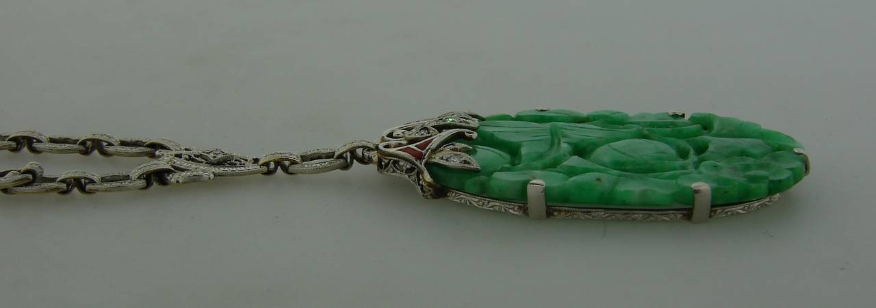 Art Deco Carved Jade Enamel Diamond Platinum Necklace Pendant 1