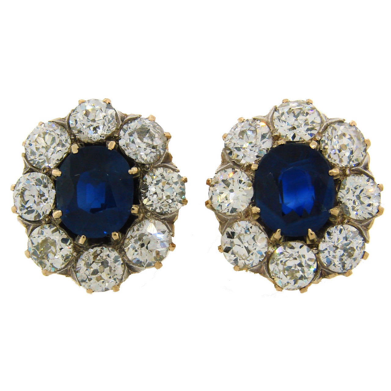 Antique Sapphire Diamond Gold Cluster Earrings