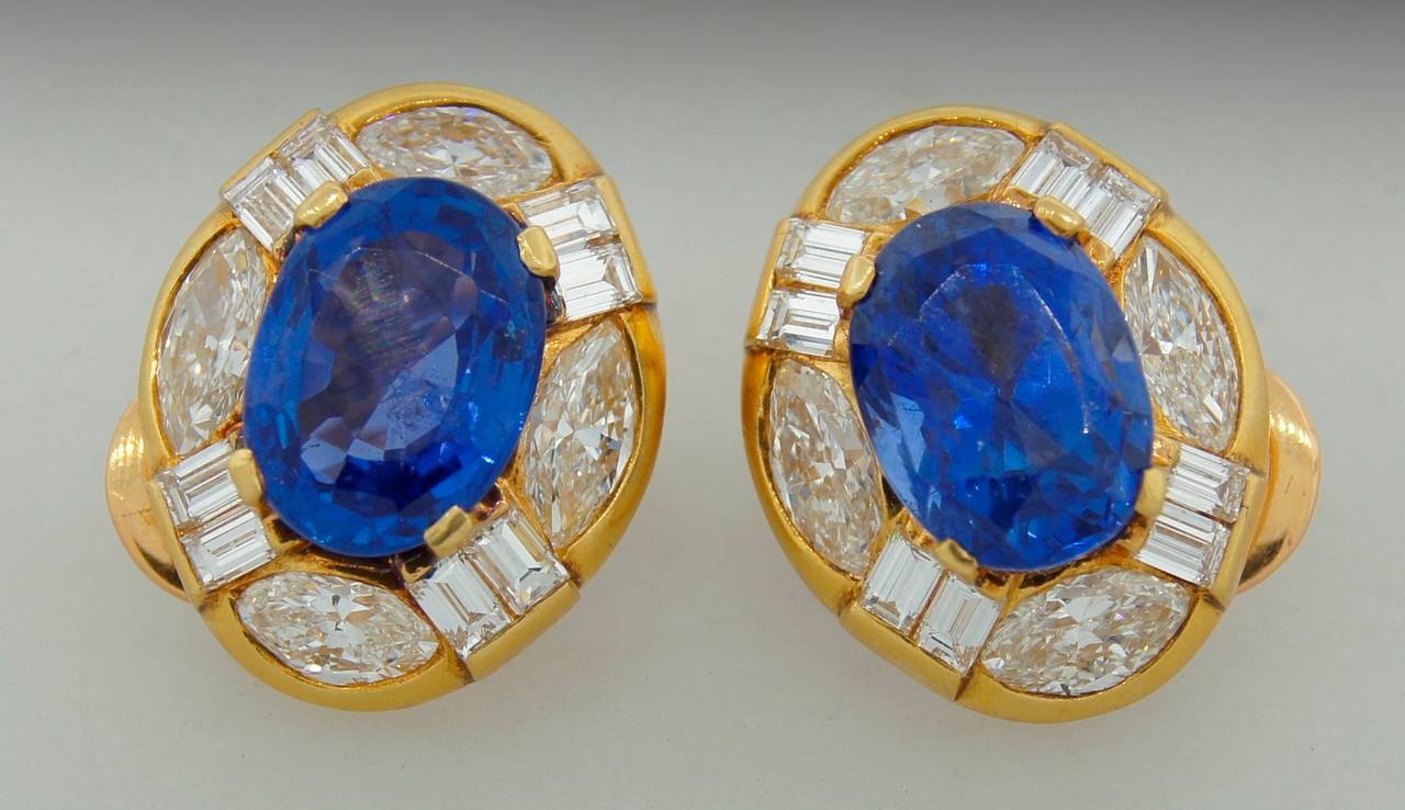 Stunning classy and colorful earrings created by Bulgari in Italy in the 1980s. Feature two gorgeous finest natural sapphires of 13.39 carats total weight. They are accompanied with an EGL USA certificate and UGS appraisal summary. The sapphires are