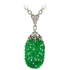 Antique Art Deco Carved Jade Enamel Diamond Platinum Necklace Pendant