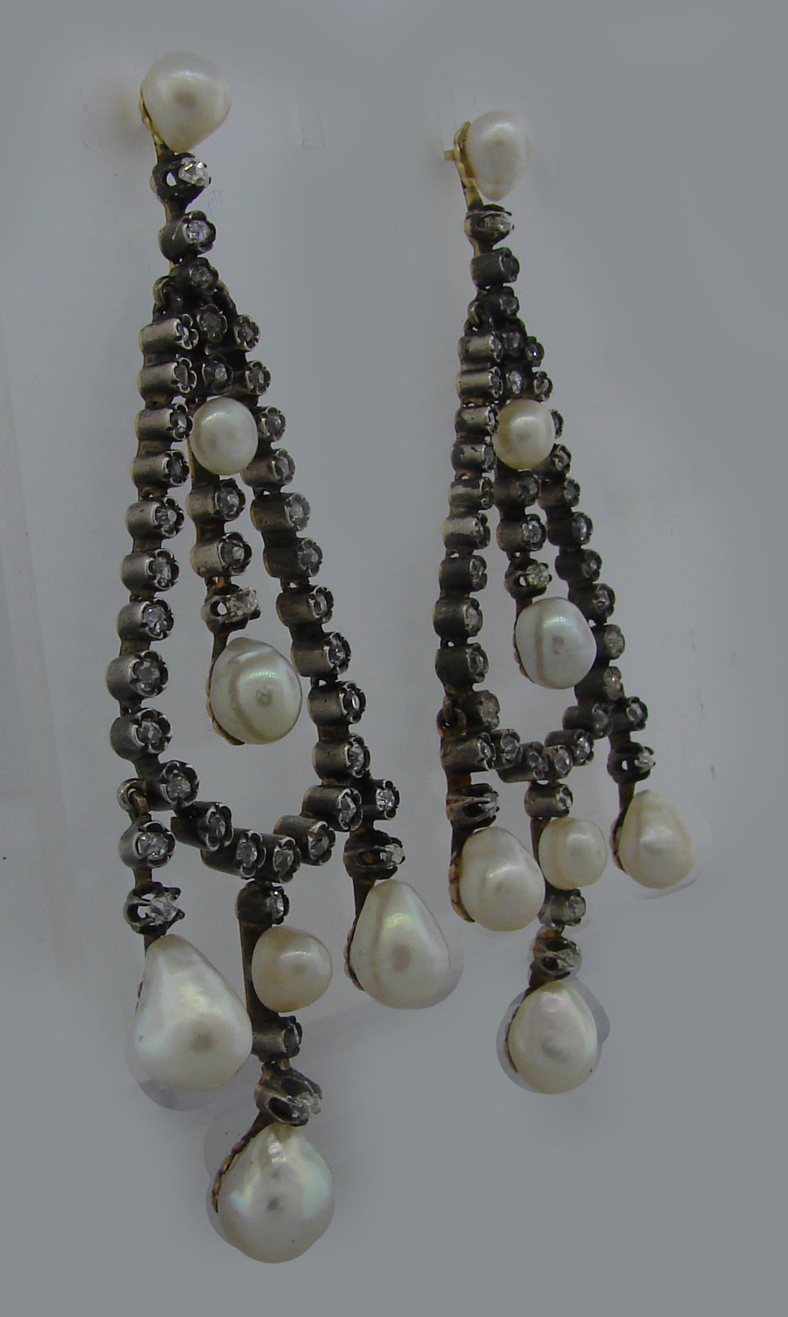 Victorian GIA Cert Natural Pearl Diamond Silver Gold Dangle Earrings In Excellent Condition In Beverly Hills, CA