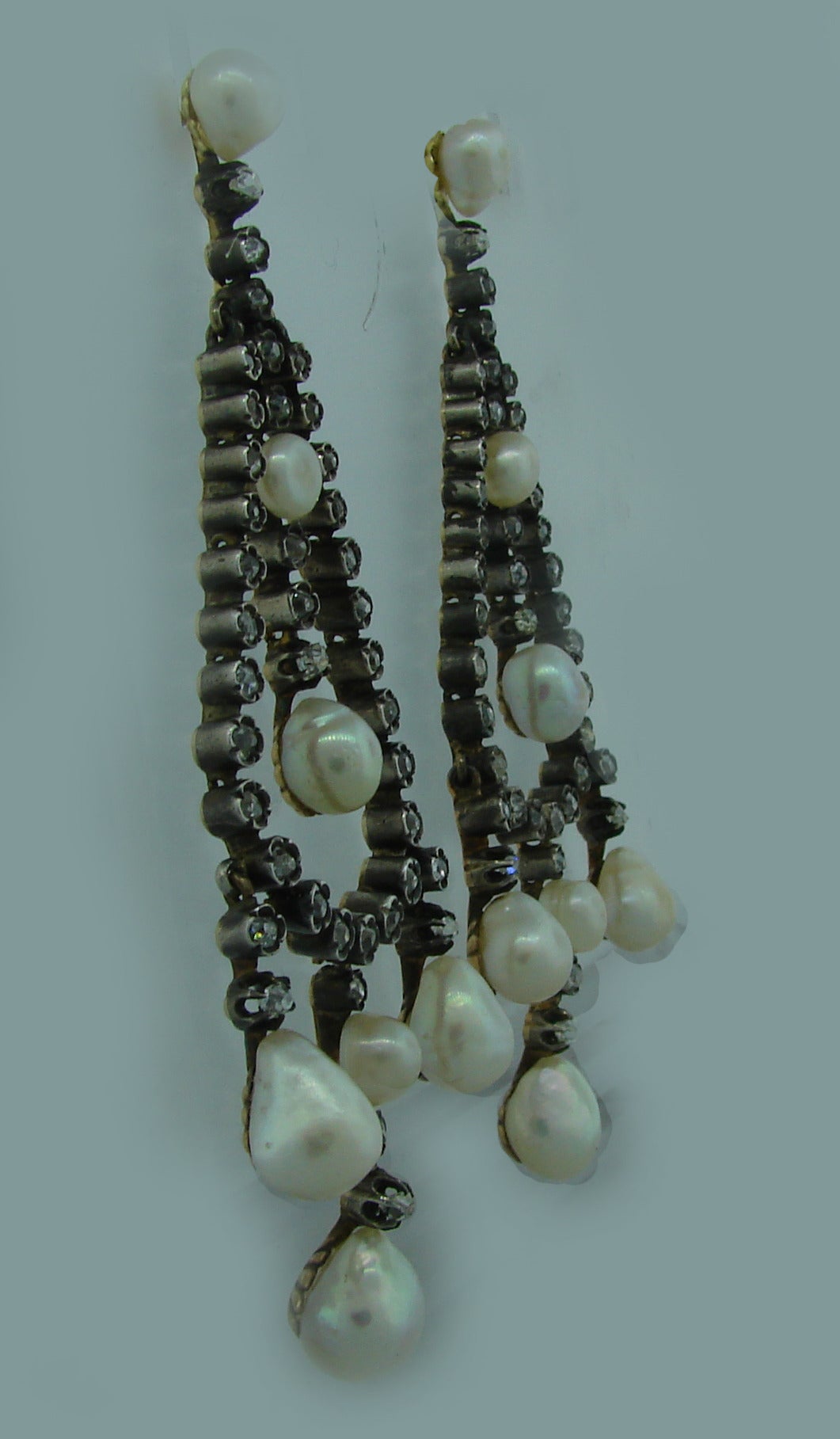 Women's Victorian GIA Cert Natural Pearl Diamond Silver Gold Dangle Earrings